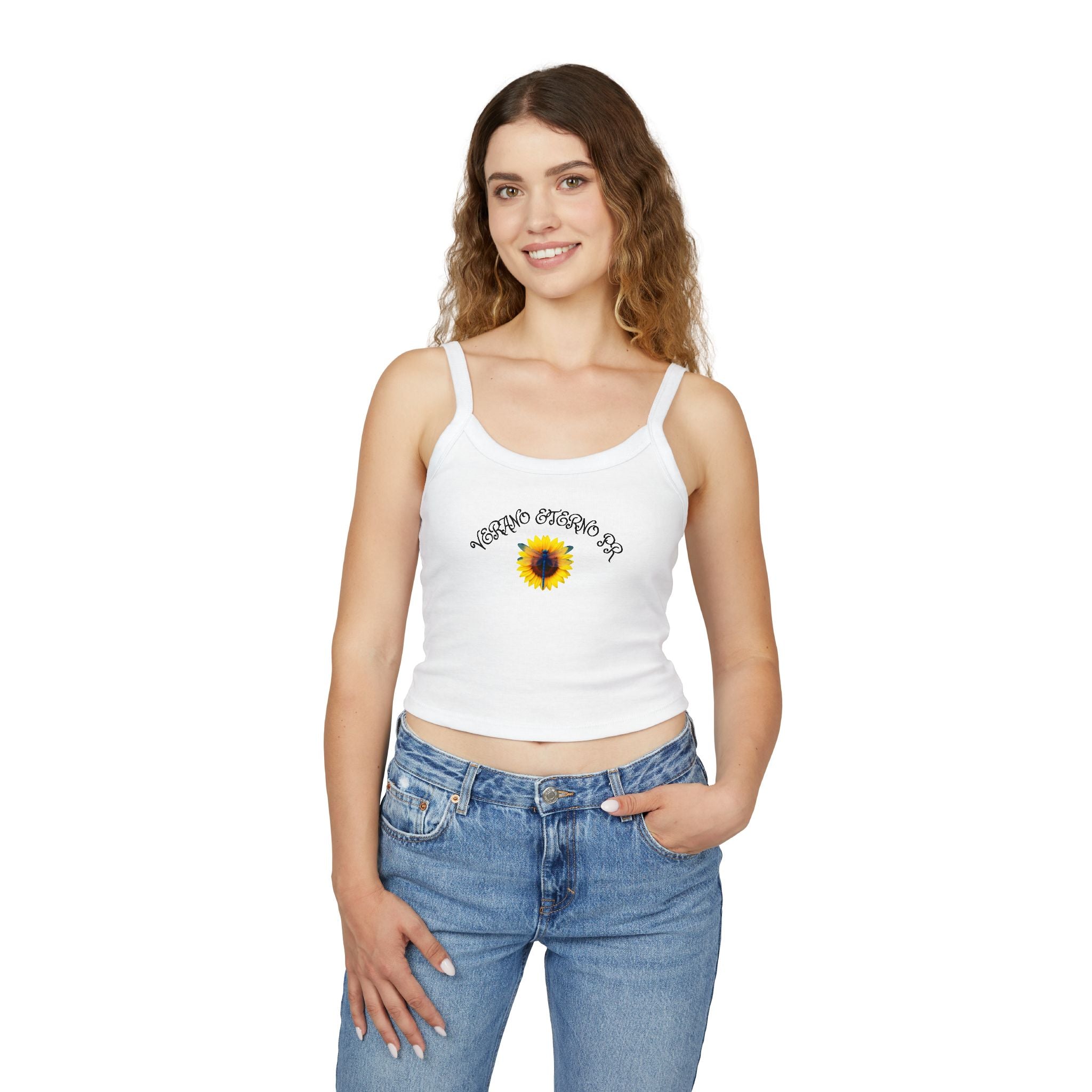 Verano Eterno Puerto Rico Women's Strap Crop Sunflower — Women’s Spaghetti Strap Crop