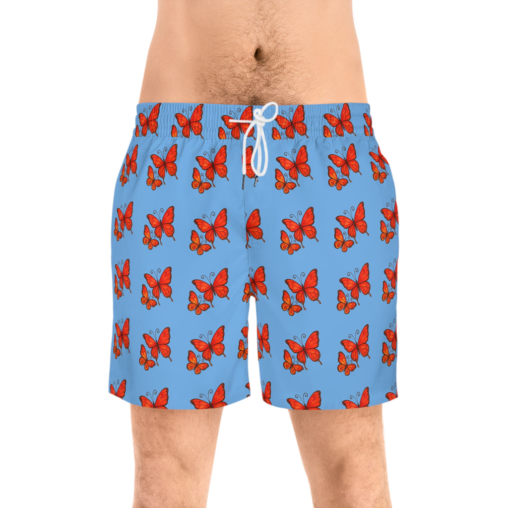 Men's Mid-Length Swim Shorts — Red Butterfly Pattern 95% polyester, 5% spandex