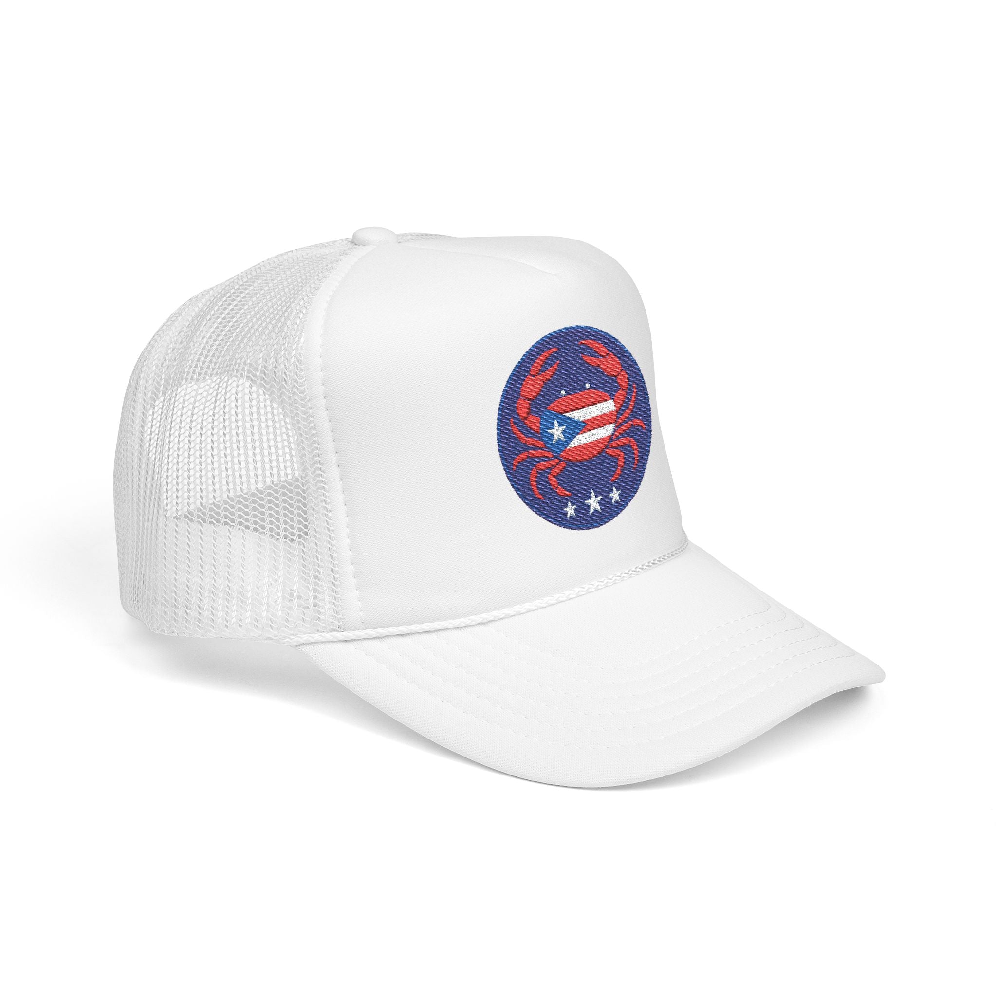 Embroidered Puerto Rico / Crab Trucker Hat — Coastal Mesh Foam Cap