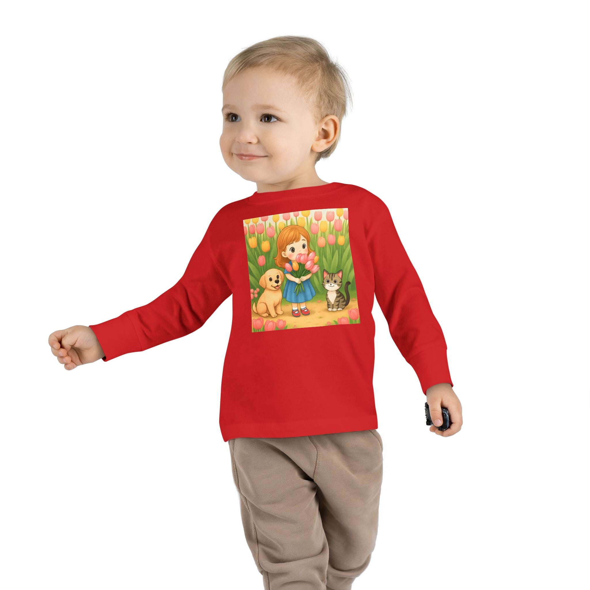 Toddler Long Sleeve Tee — Spring Cat and Dog Graphic