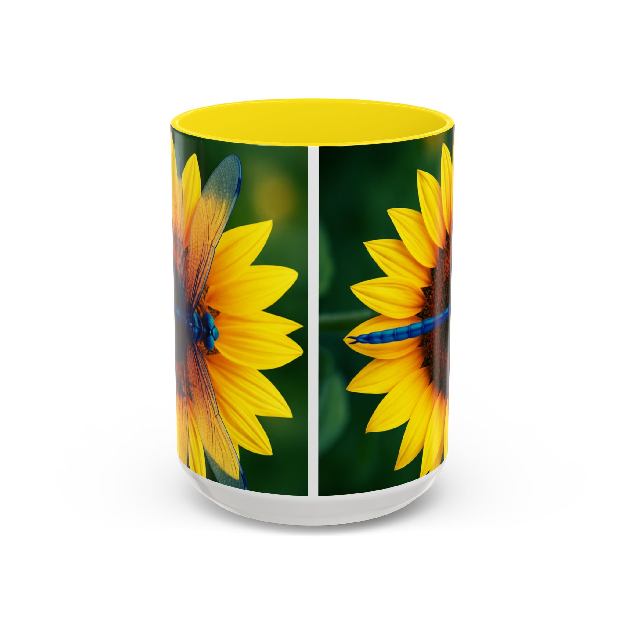 Sunflower & Dragonfly Accent Coffee Mug — Bright Floral Tea Cup (11/15oz)