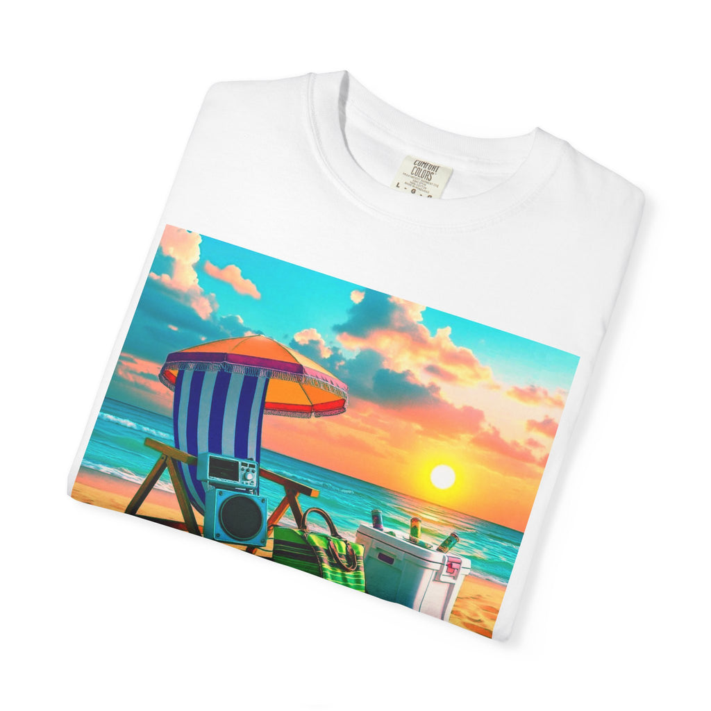 Boricua Vibes Beach T-Shirt — Puerto Rico Sunset Chair Graphic Tee