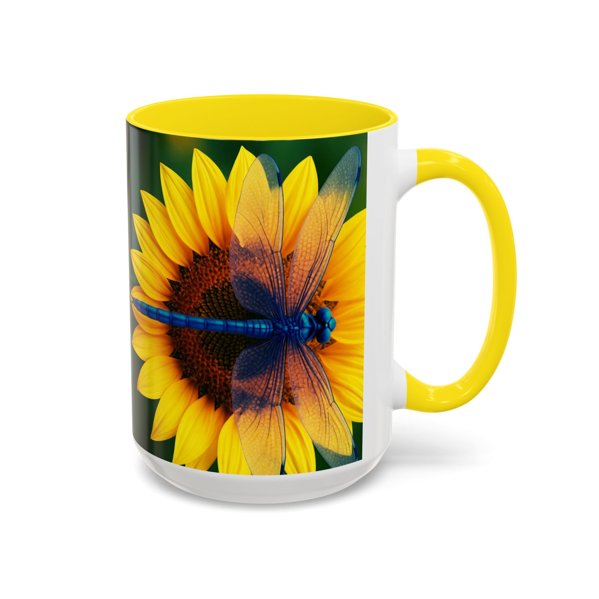 Sunflower & Dragonfly Accent Coffee Mug — Bright Floral Tea Cup (11/15oz)