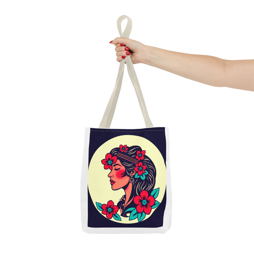 Floral Boho Woman Tote Bag — Retro Floral Portrait All-Over Print Tote