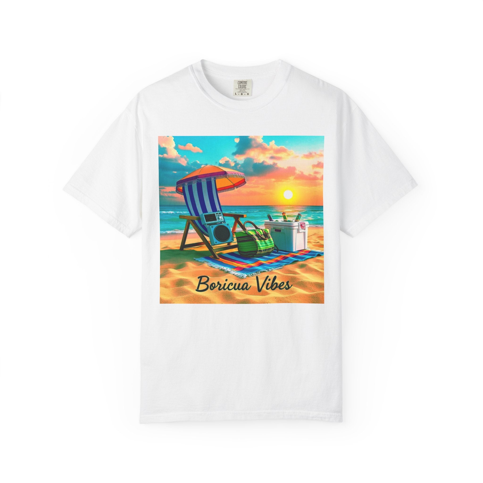 Boricua Vibes Beach T-Shirt — Puerto Rico Sunset Chair Graphic Tee