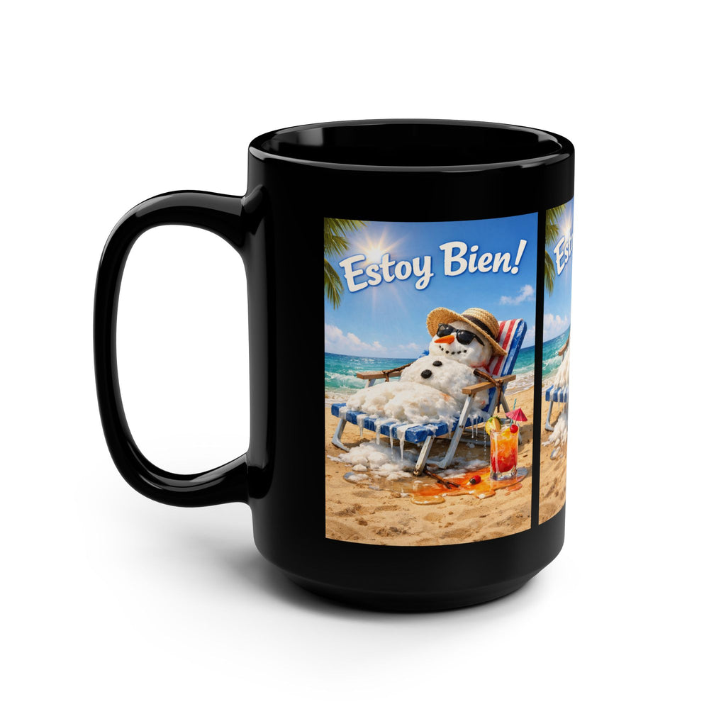 Estoy Bien! Beach Snowman Coffee Mug — 15oz Black Ceramic