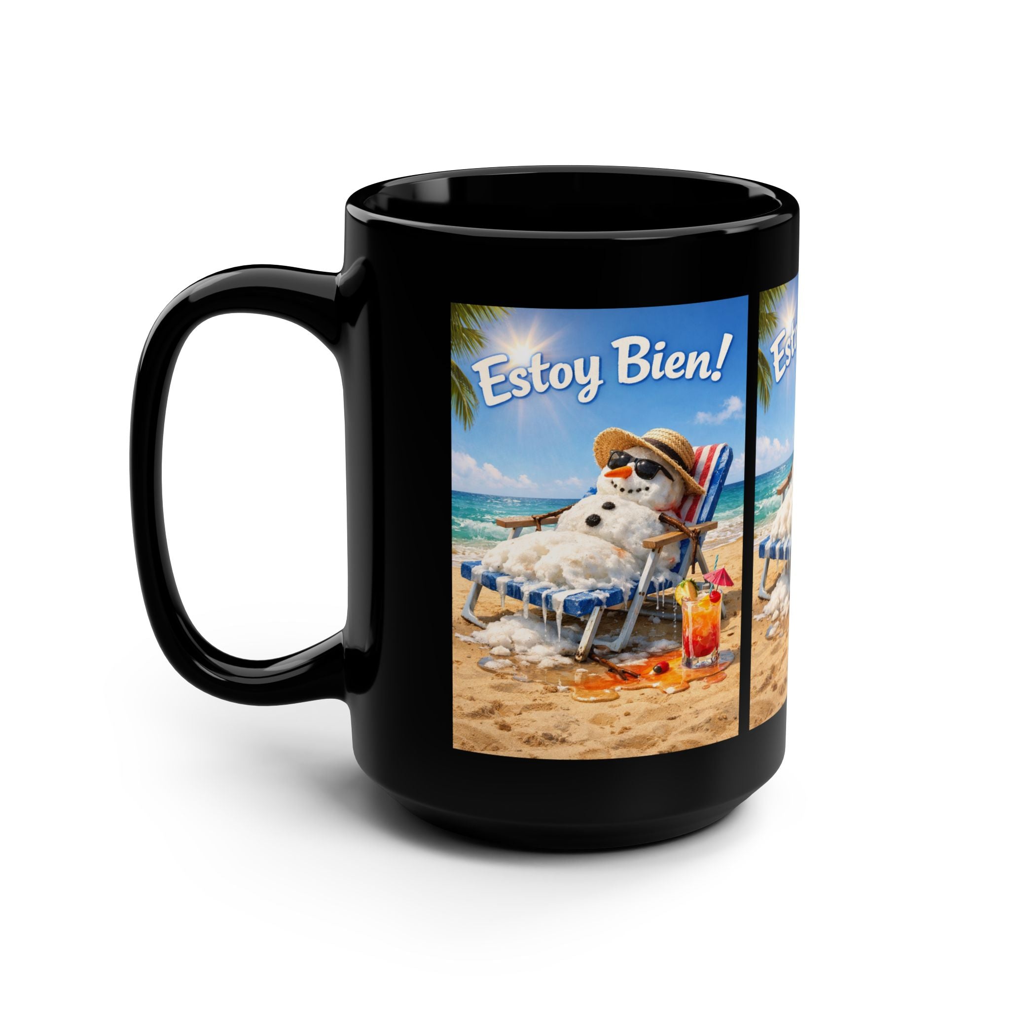 Estoy Bien! Beach Snowman Coffee Mug — 15oz Black Ceramic