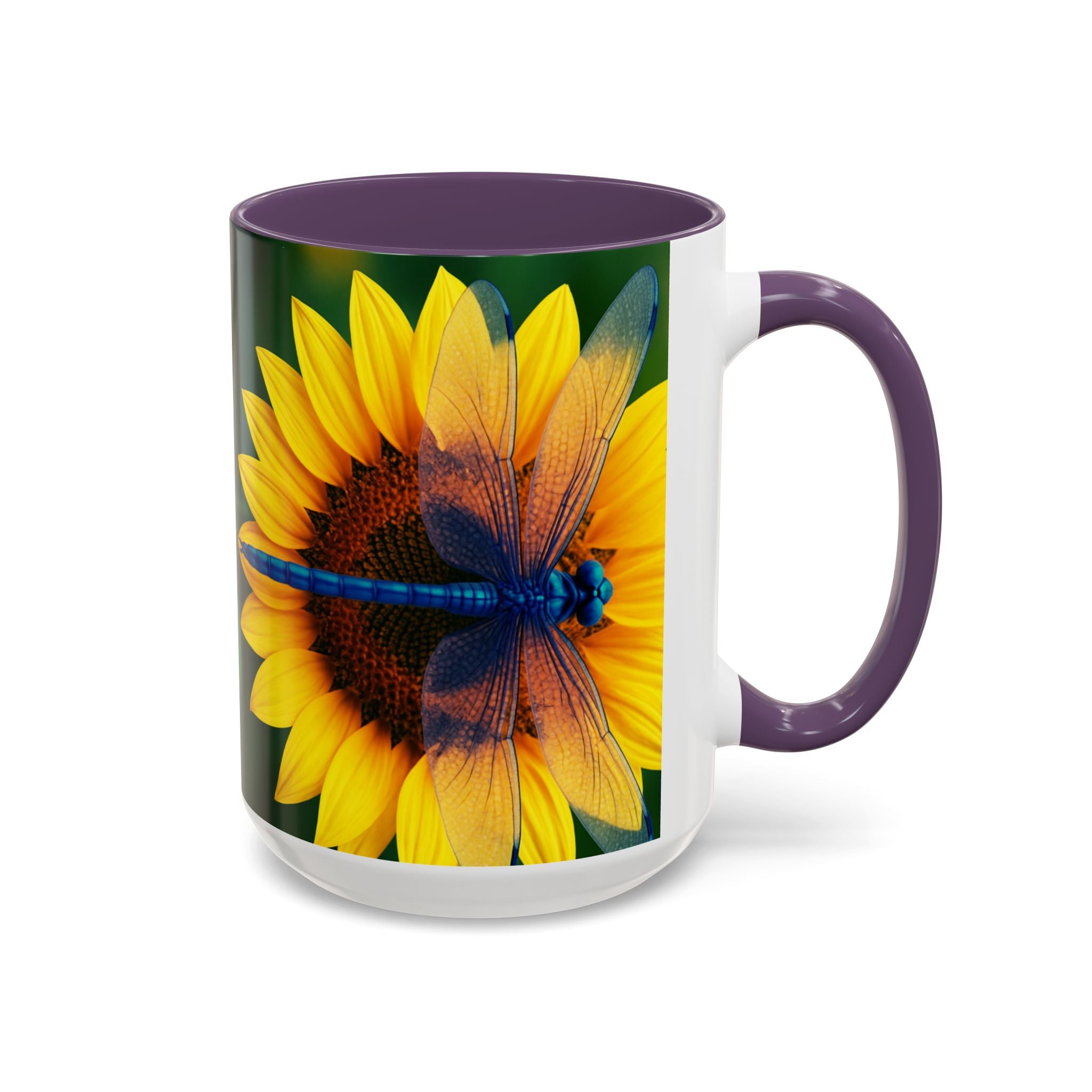 Sunflower & Dragonfly Accent Coffee Mug — Bright Floral Tea Cup (11/15oz)