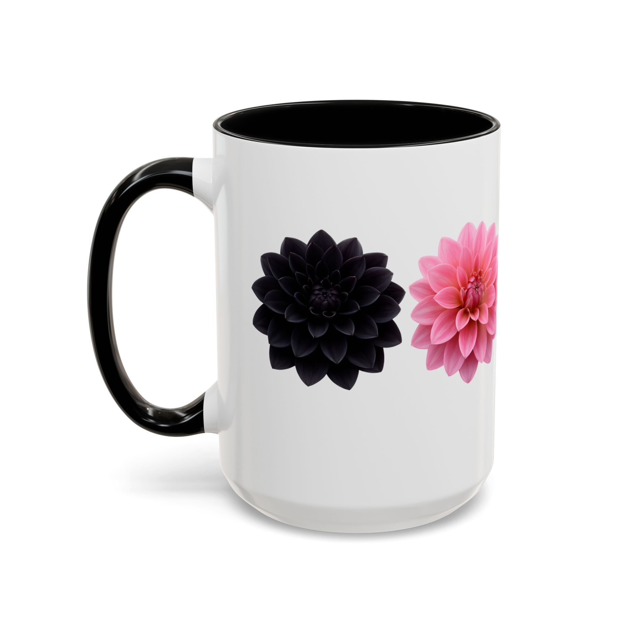 Pink & Black Dahlia Accent Coffee Mug — Floral 11/15oz Ceramic