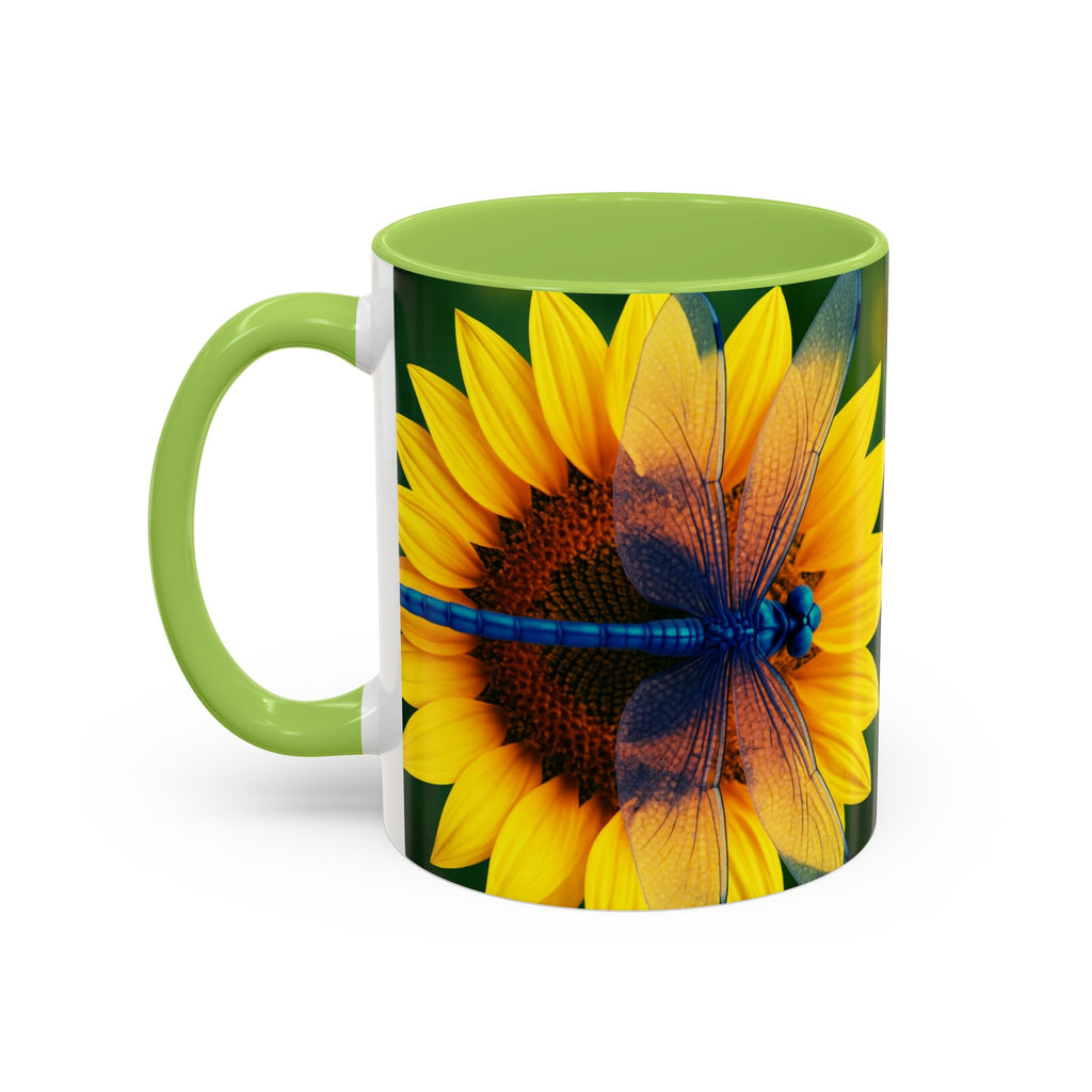 Sunflower & Dragonfly Accent Coffee Mug — Bright Floral Tea Cup (11/15oz)