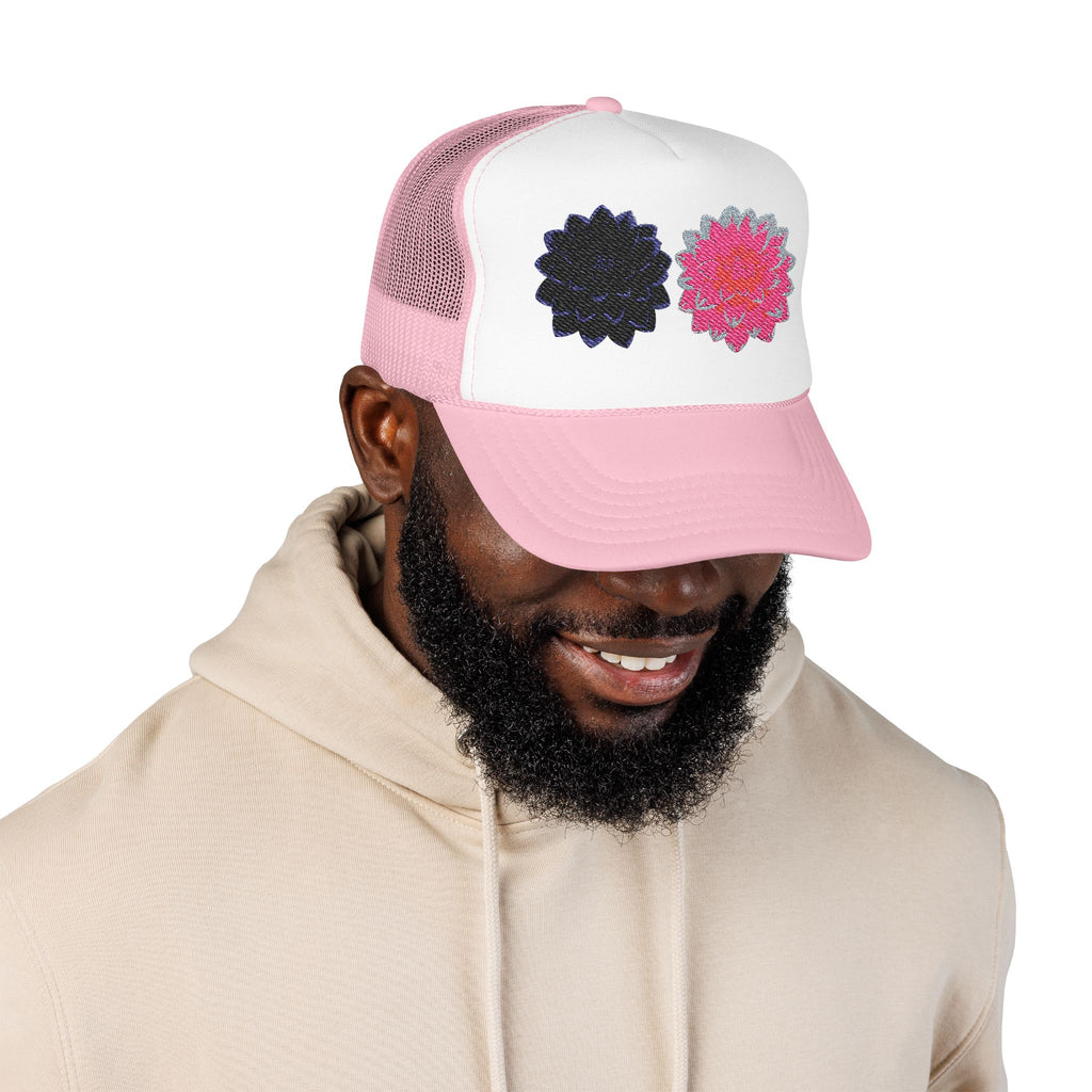 Embroidered Double Dahlia Trucker Hat — Pink & Black Floral Foam Cap