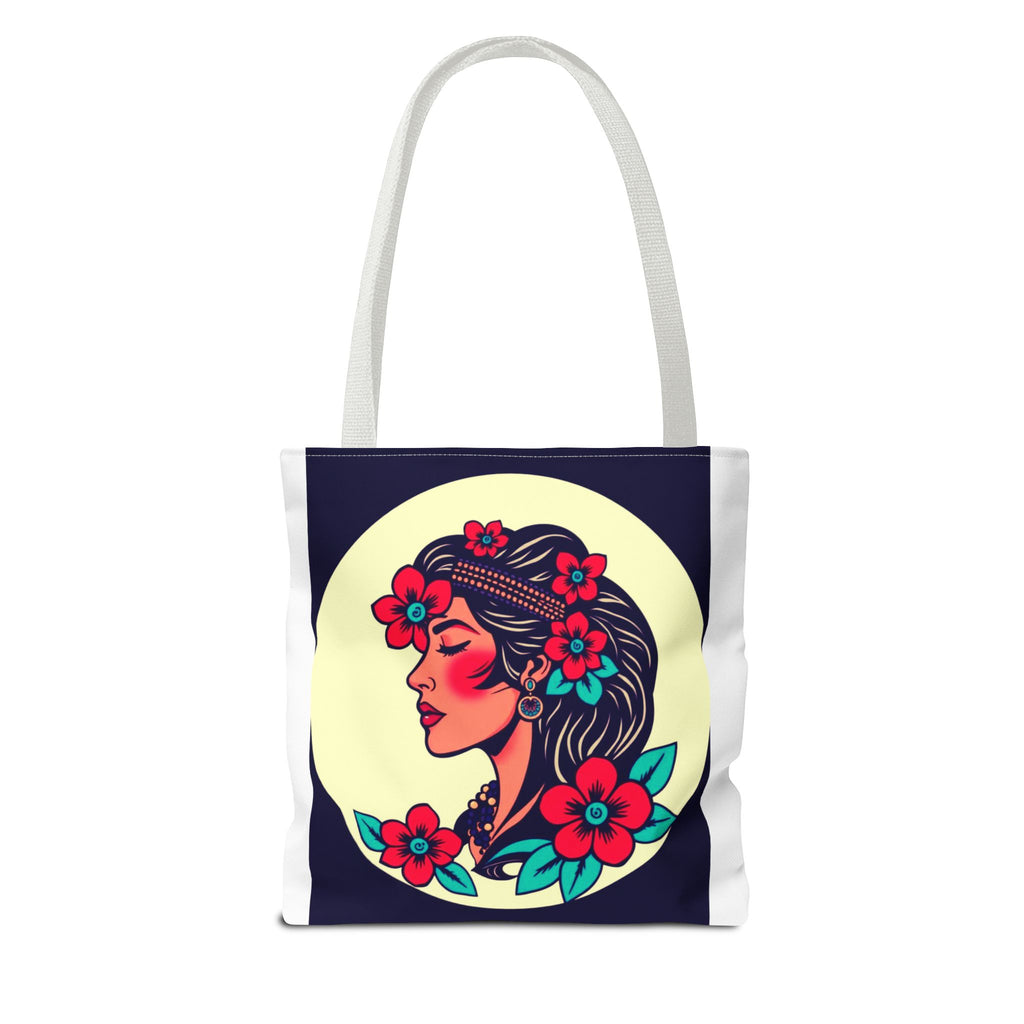 Floral Boho Woman Tote Bag — Retro Floral Portrait All-Over Print Tote