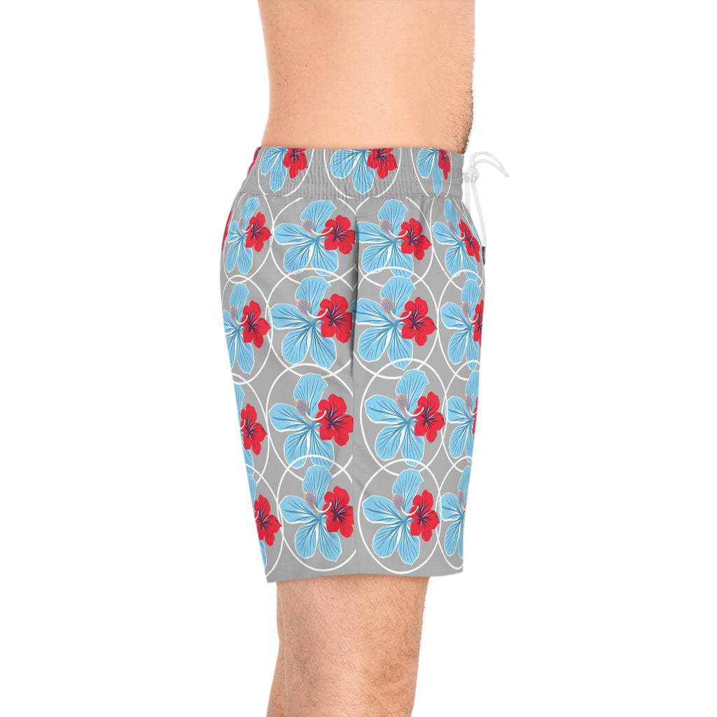 White / Azure Blue Tropical Hibiscus Swim Shorts — Men's Mid-Length Beach Trunks