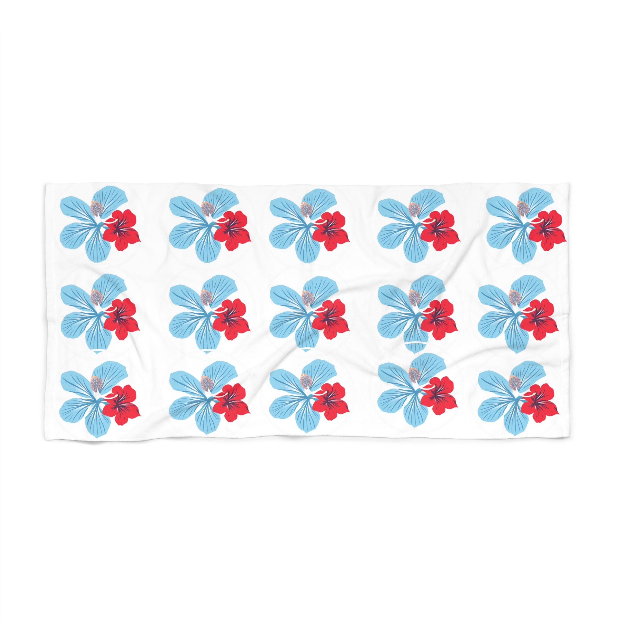 Beach Towel - "Azure" Blue & Red Hibiscus Pattern