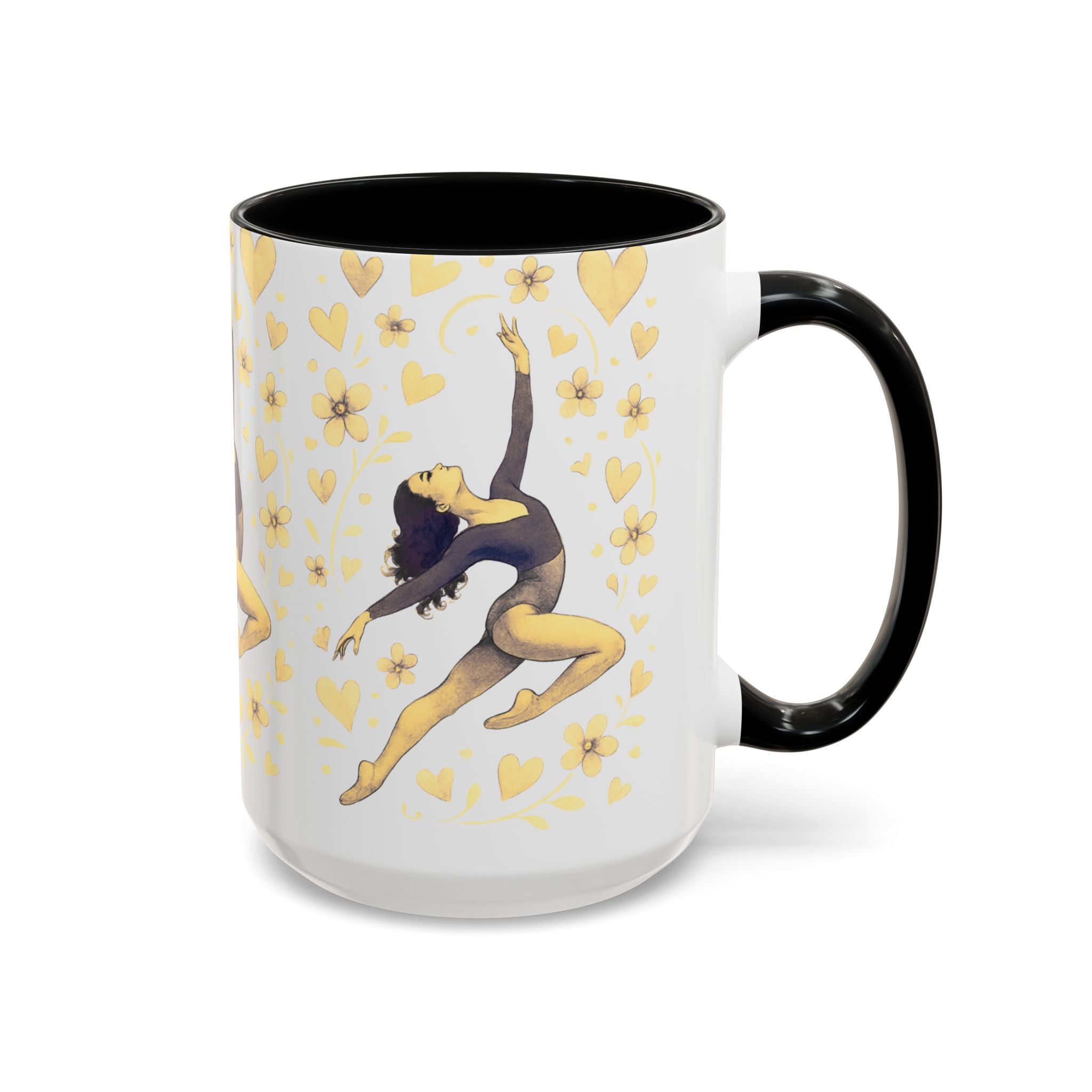 Ballet Dancer Accent Mug – Gold Hearts & Flowers Ceramic Coffee Cup (11/15oz)
