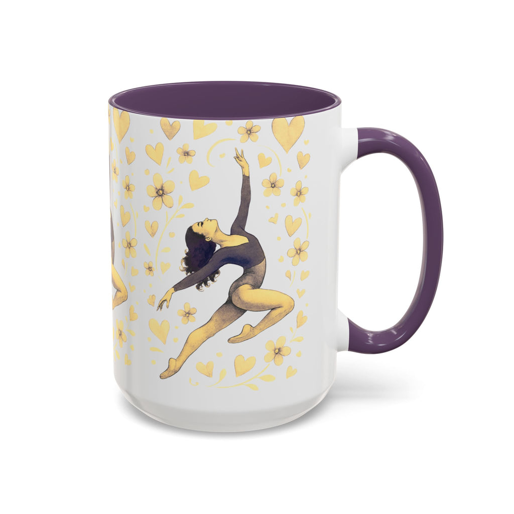 Ballet Dancer Accent Mug – Gold Hearts & Flowers Ceramic Coffee Cup (11/15oz)