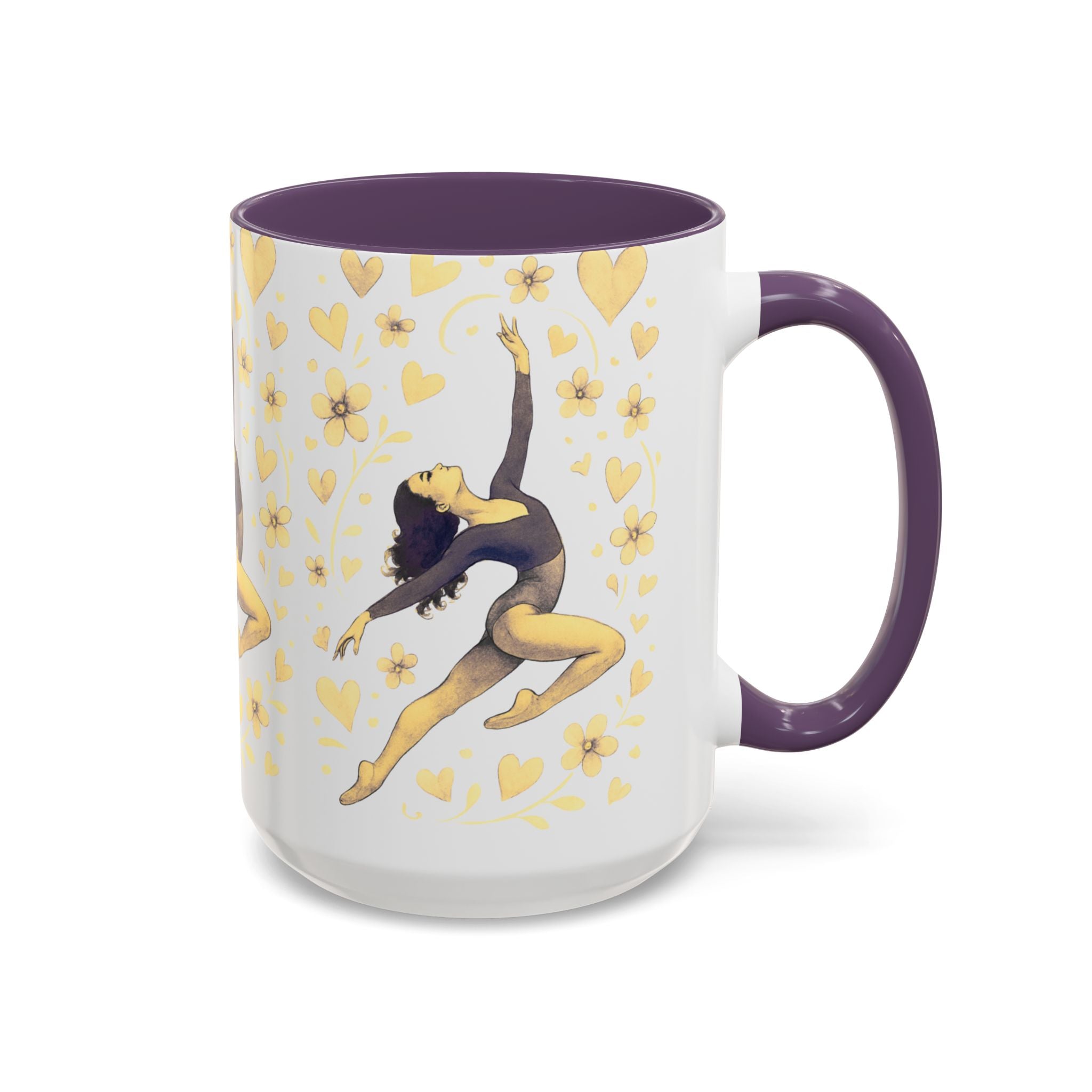 Ballet Dancer Accent Mug – Gold Hearts & Flowers Ceramic Coffee Cup (11/15oz)