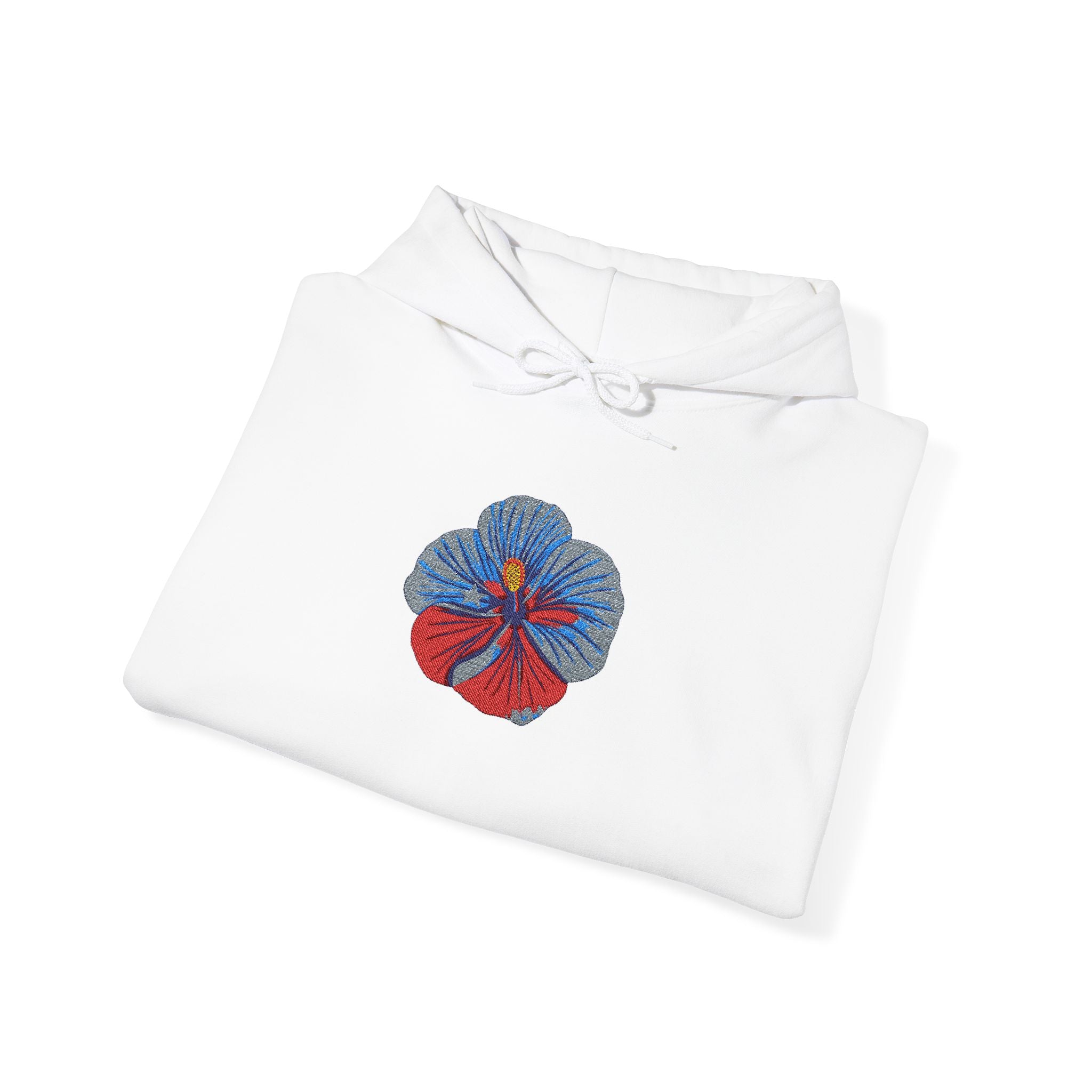 Embroidered Hibiscus Red, White, Blue Floral Illustration Hoodie | Embroidered Sweatshirt