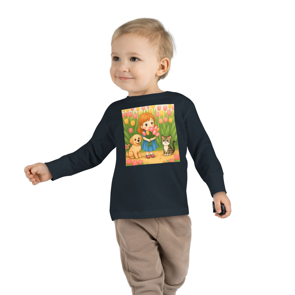Toddler Long Sleeve Tee — Spring Cat and Dog Graphic