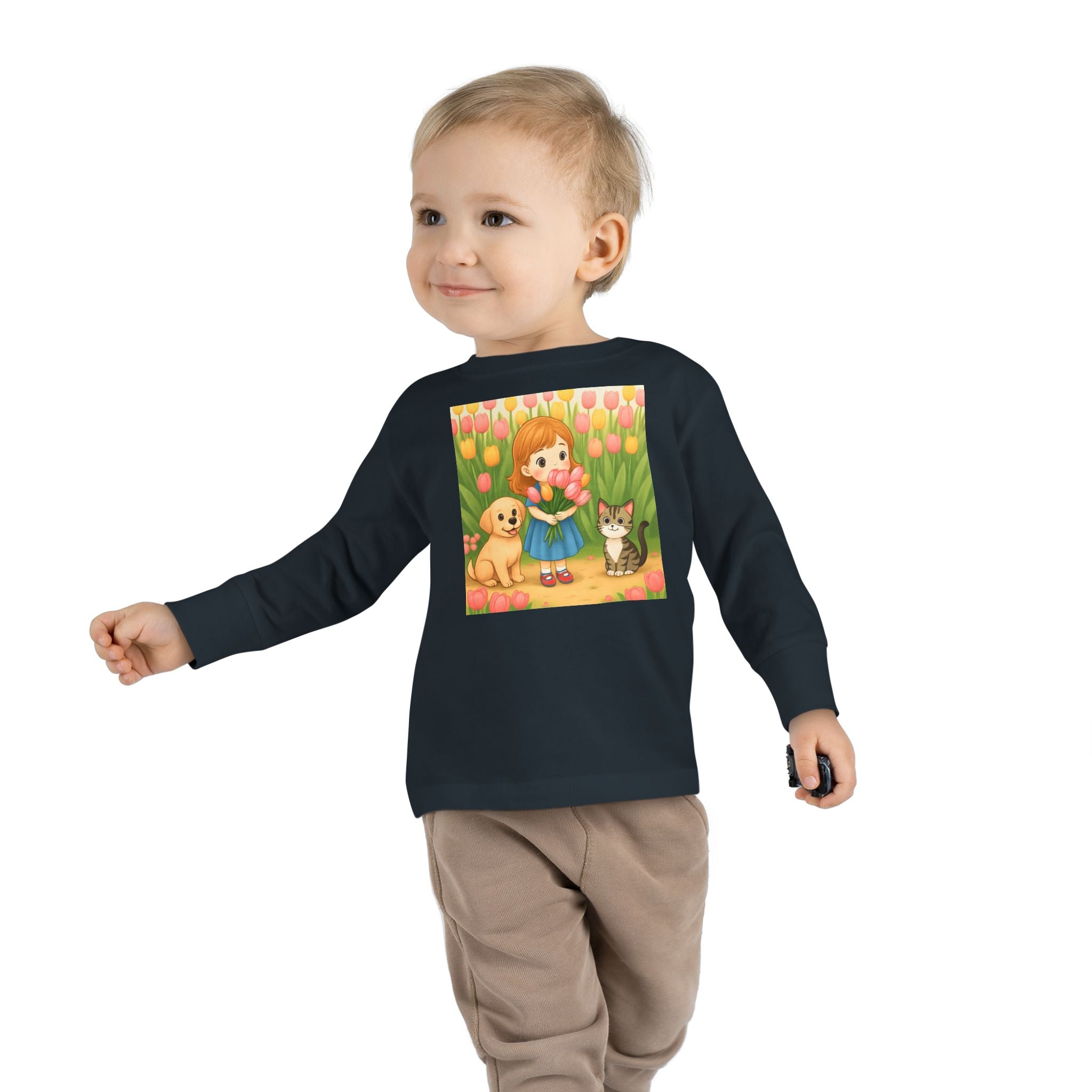 Toddler Long Sleeve Tee — Spring Cat and Dog Graphic