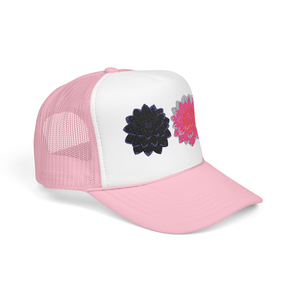 Embroidered Double Dahlia Trucker Hat — Pink & Black Floral Foam Cap