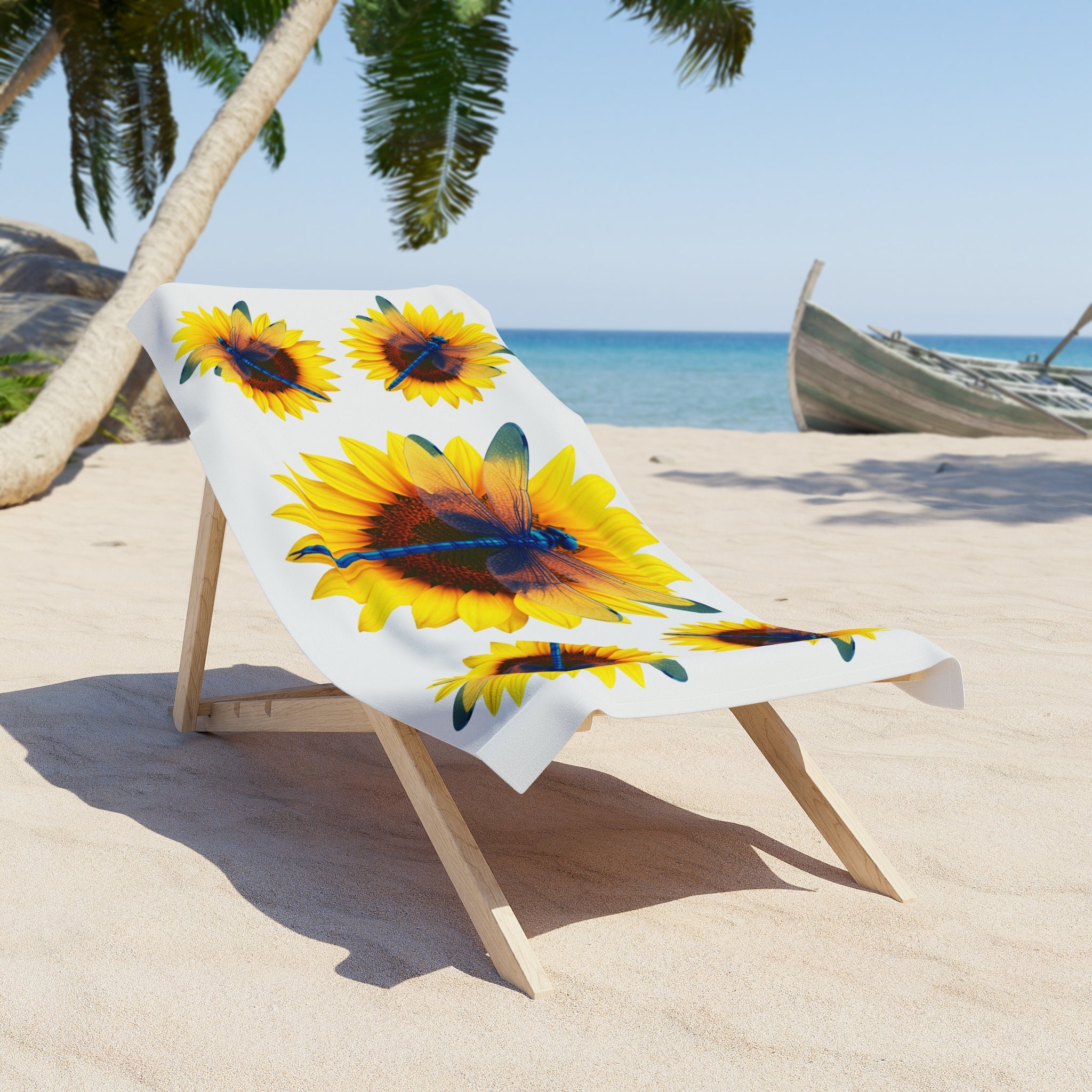 Sunflower & Dragonfly Beach Towel — Bright Tropical Summer Pool Towel