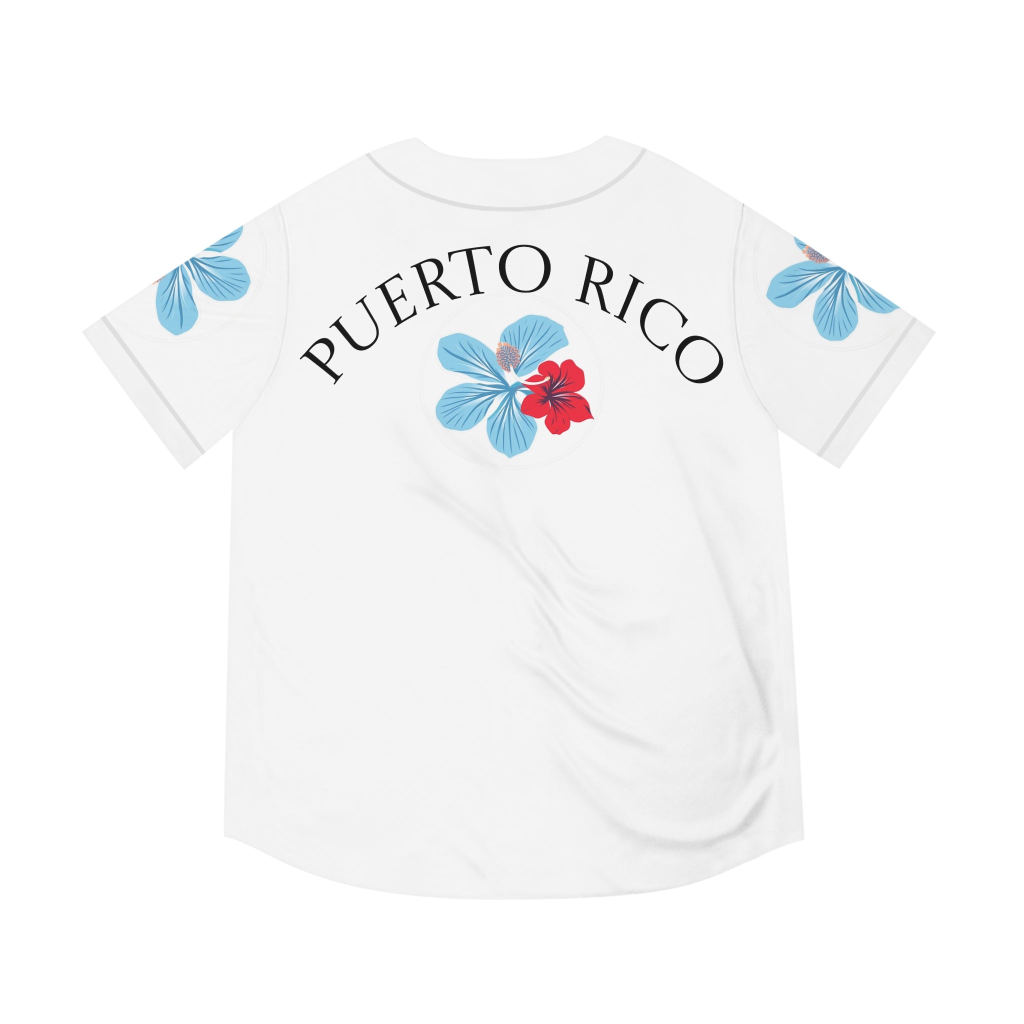 Puerto Rico Floral Baseball Jersey — "Azure" Blue and Red Tropical Hibiscus Jersey