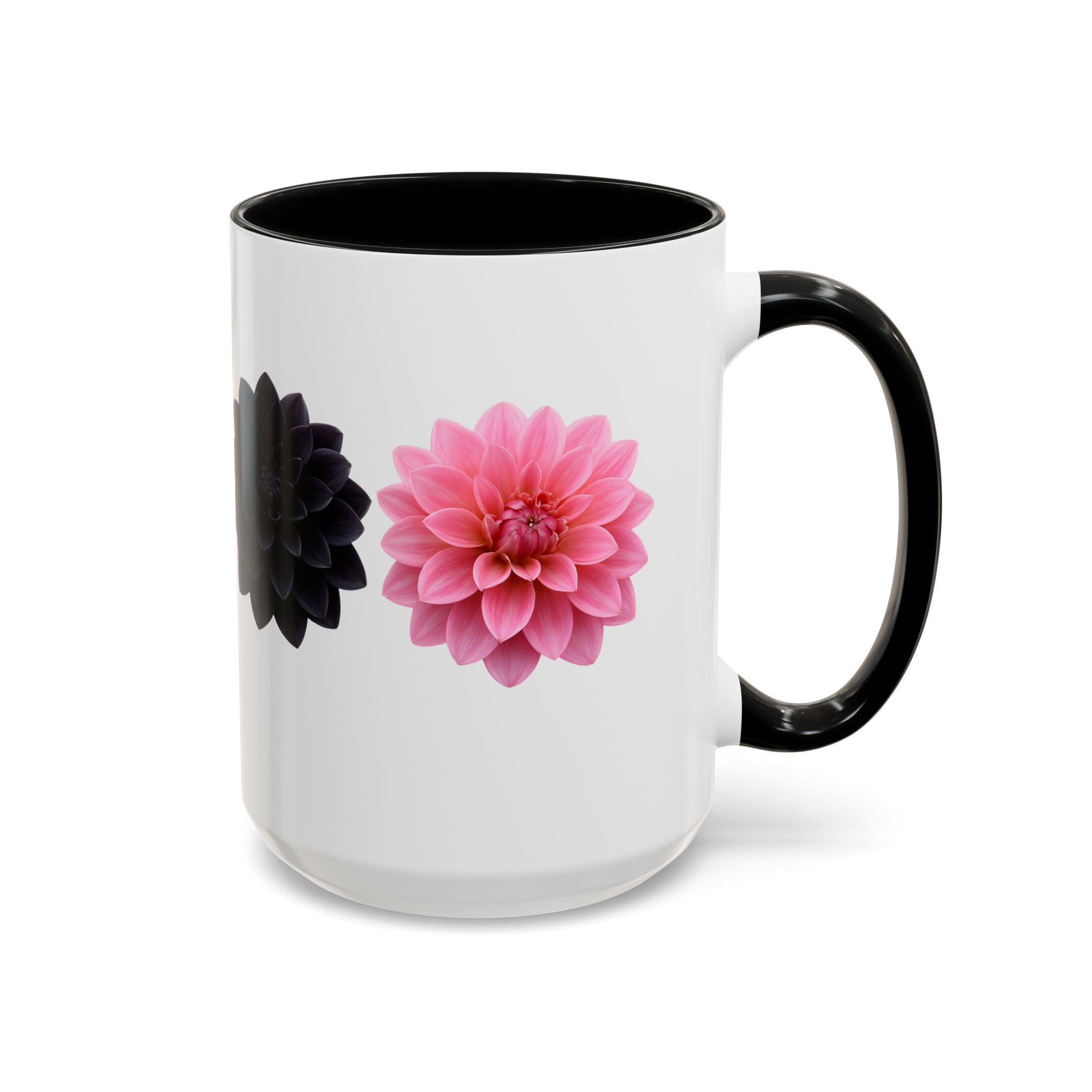 Pink & Black Dahlia Accent Coffee Mug — Floral 11/15oz Ceramic
