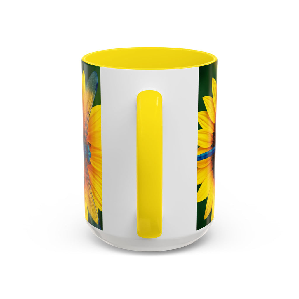 Sunflower & Dragonfly Accent Coffee Mug — Bright Floral Tea Cup (11/15oz)