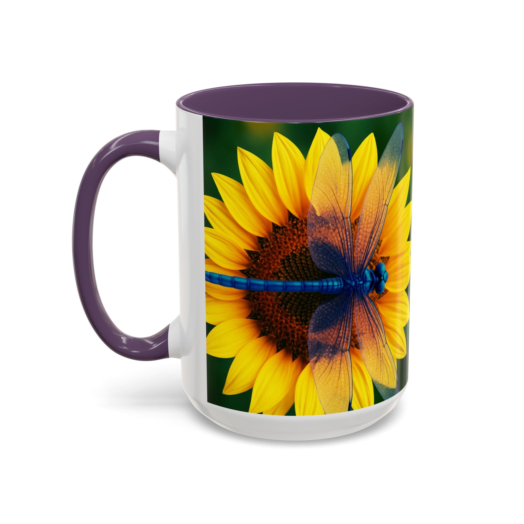 Sunflower & Dragonfly Accent Coffee Mug — Bright Floral Tea Cup (11/15oz)