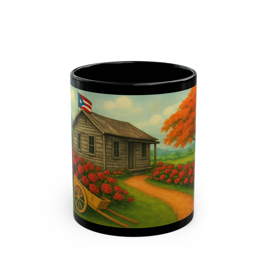 Puerto Rico Scenic Cabin Black Mug – Rustic Island Landscape Coffee Cup (11oz, 15oz)