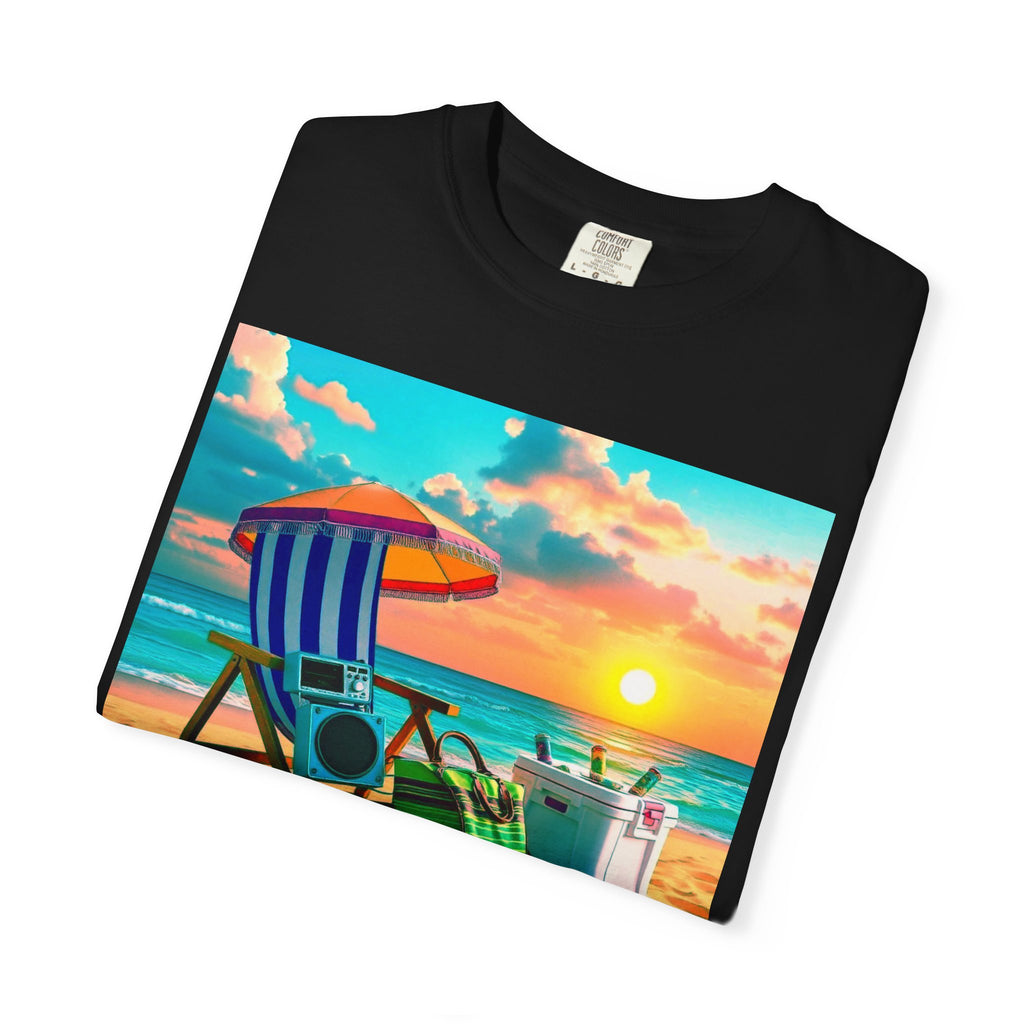 Boricua Vibes Beach T-Shirt — Puerto Rico Sunset Chair Graphic Tee