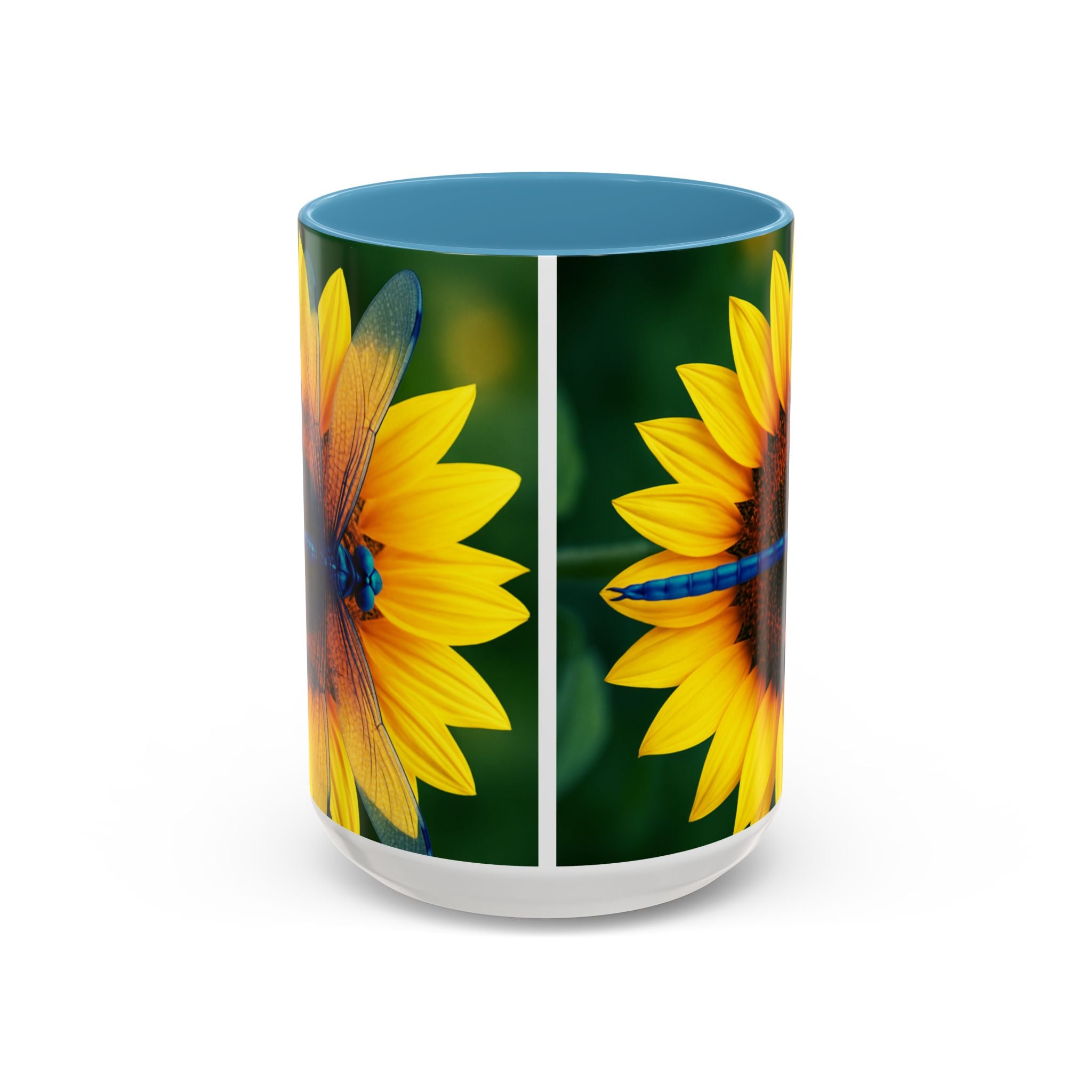 Sunflower & Dragonfly Accent Coffee Mug — Bright Floral Tea Cup (11/15oz)
