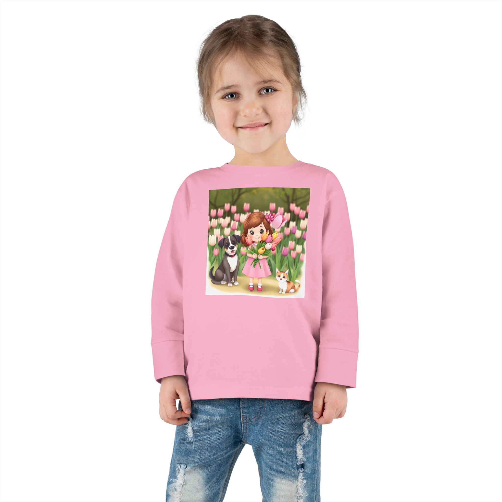 Toddler Long Sleeve Tee — Spring Cat and Dog T- Shirt