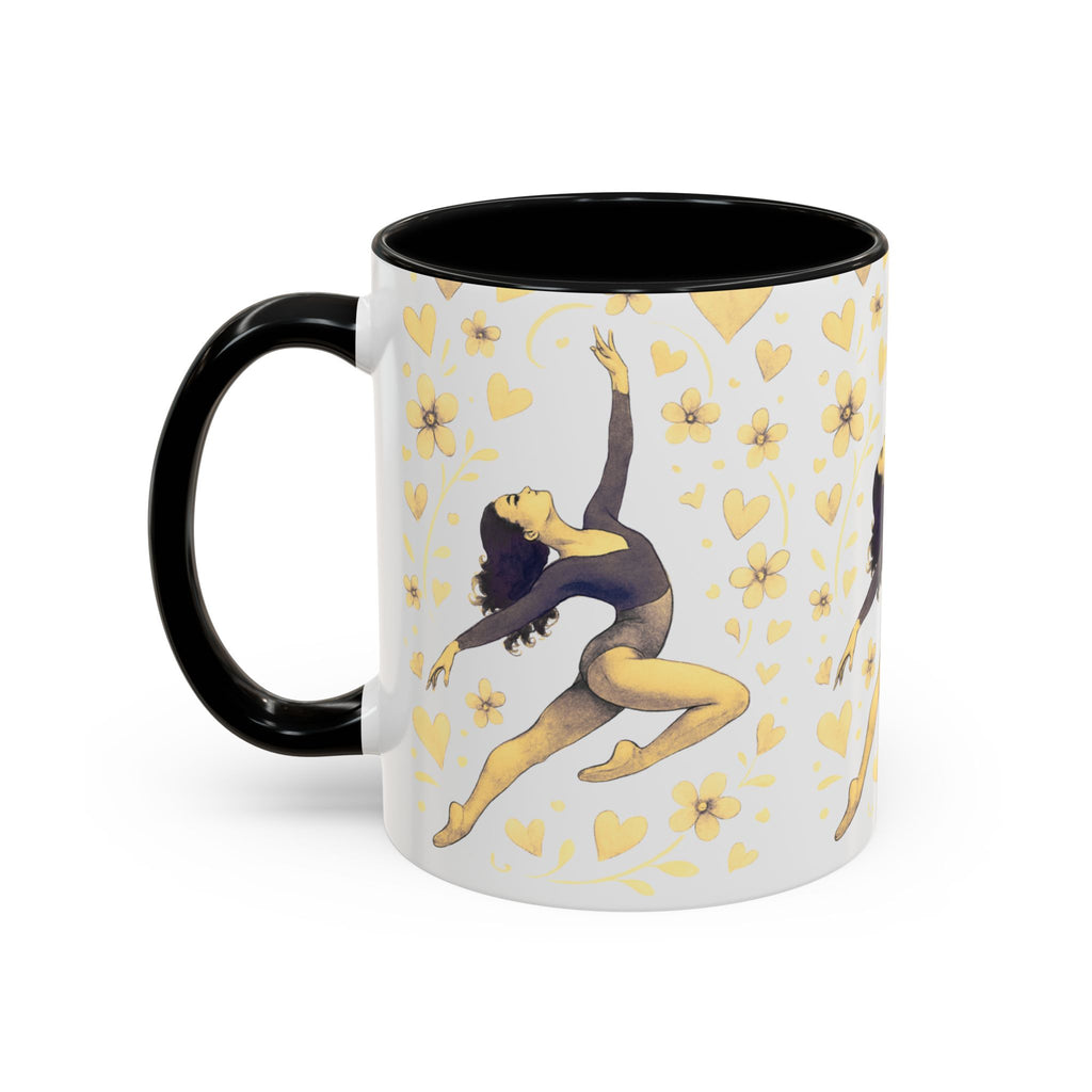 Ballet Dancer Accent Mug – Gold Hearts & Flowers Ceramic Coffee Cup (11/15oz)
