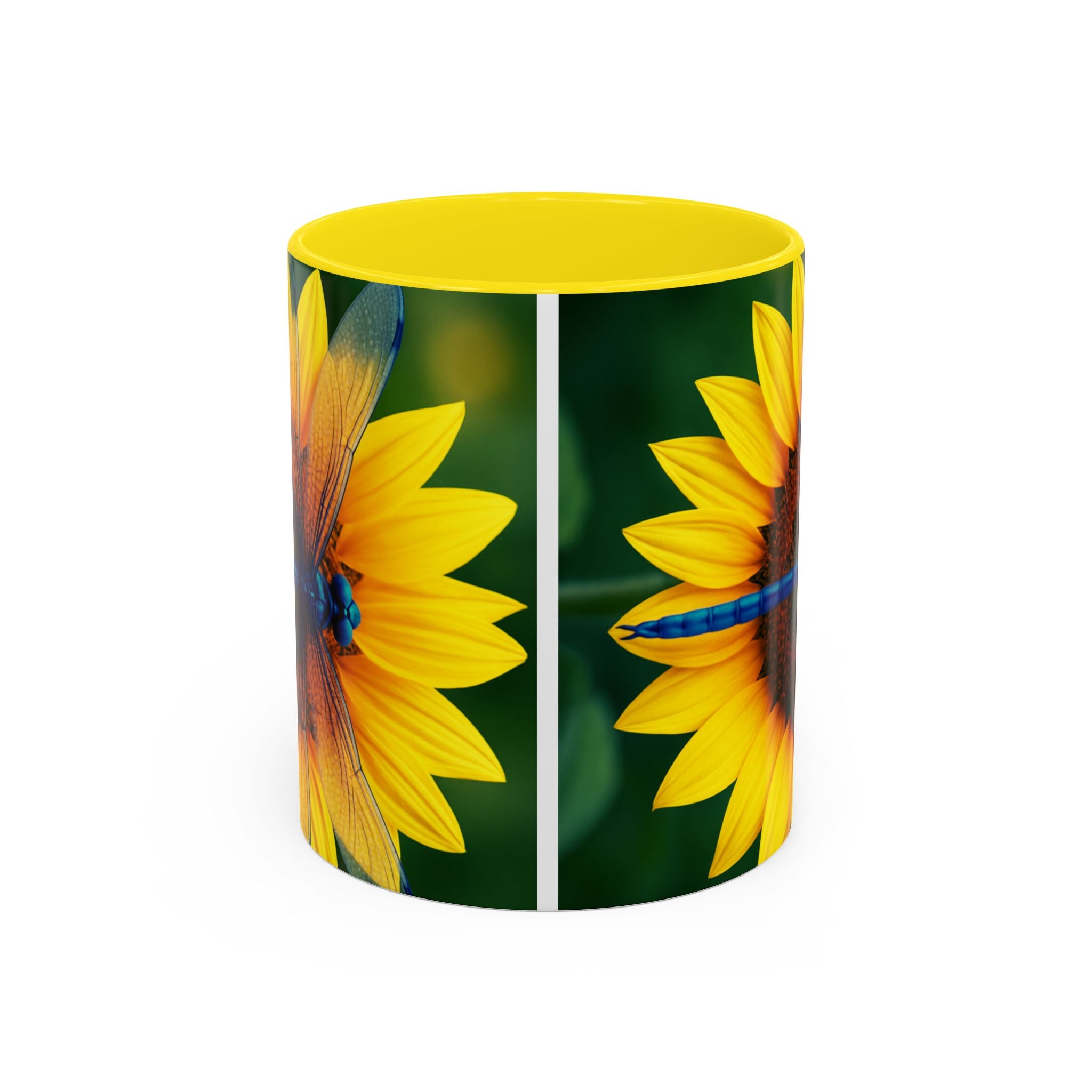 Sunflower & Dragonfly Accent Coffee Mug — Bright Floral Tea Cup (11/15oz)