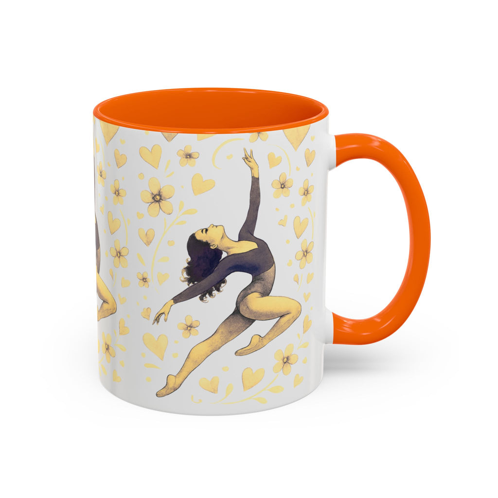Ballet Dancer Accent Mug – Gold Hearts & Flowers Ceramic Coffee Cup (11/15oz)