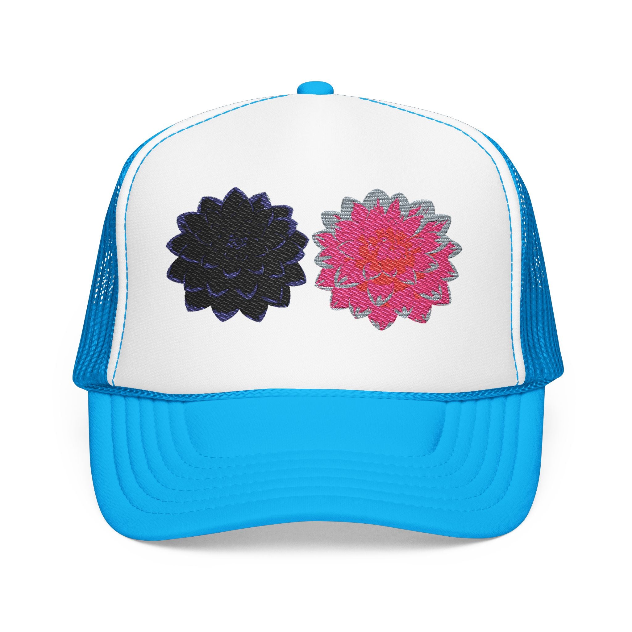 Embroidered Double Dahlia Trucker Hat — Pink & Black Floral Foam Cap