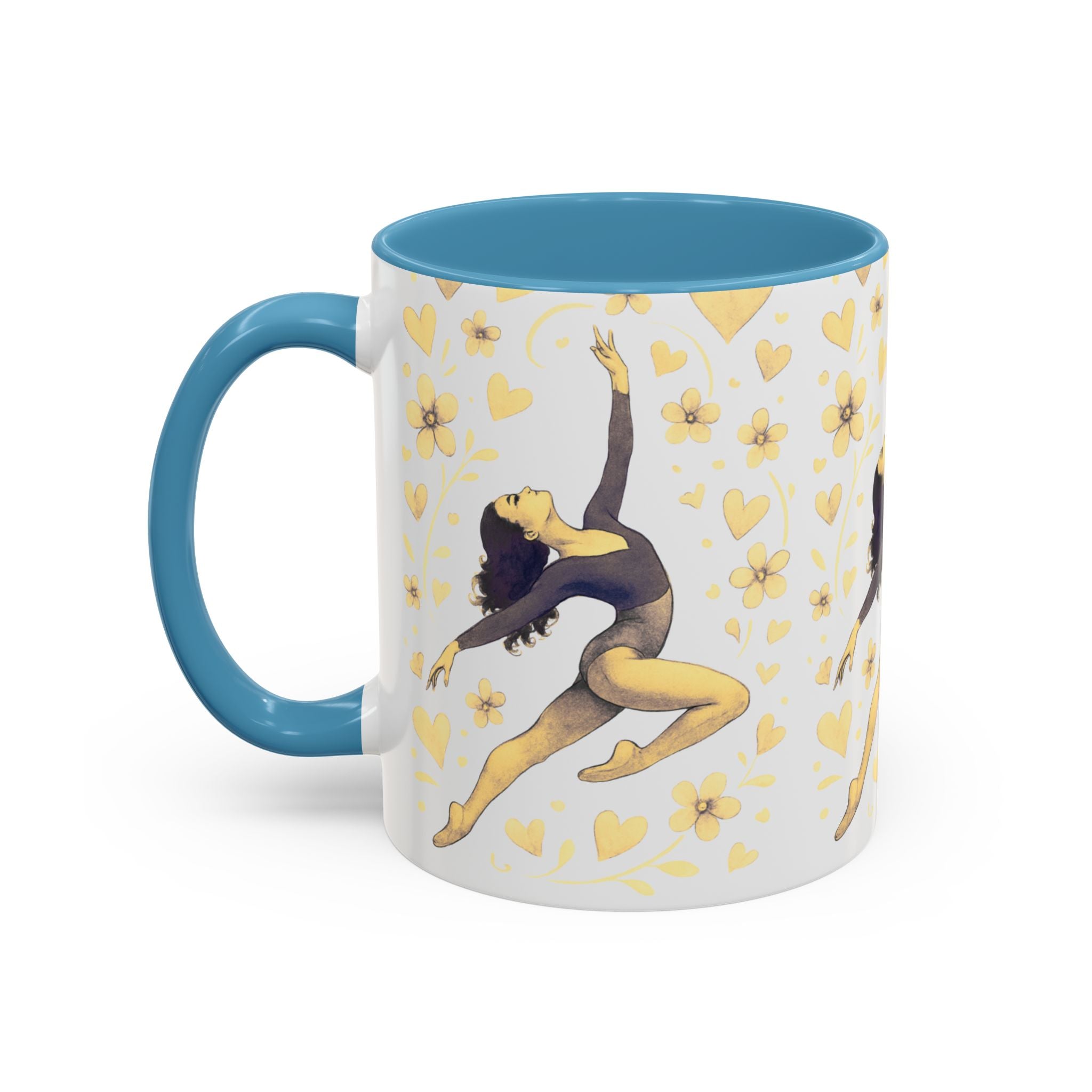 Ballet Dancer Accent Mug – Gold Hearts & Flowers Ceramic Coffee Cup (11/15oz)