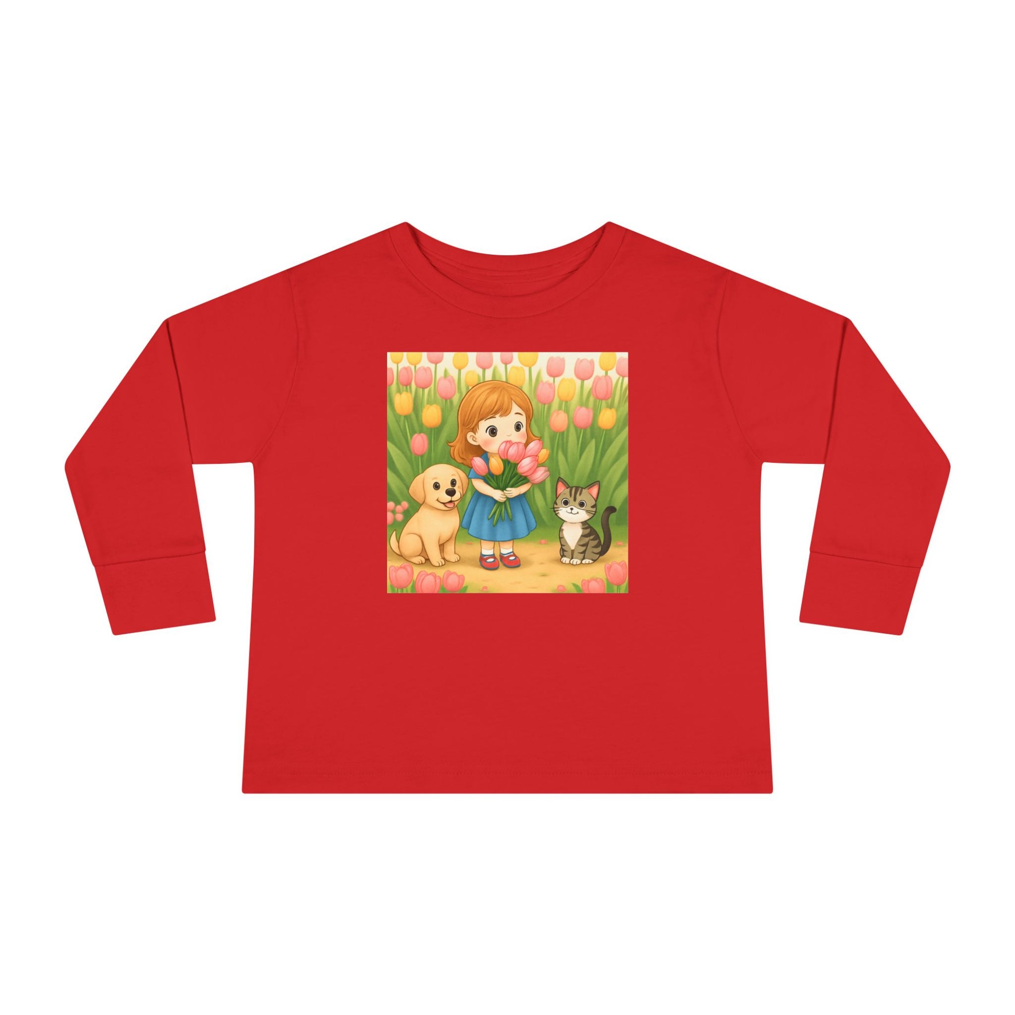 Toddler Long Sleeve Tee — Spring Cat and Dog Graphic
