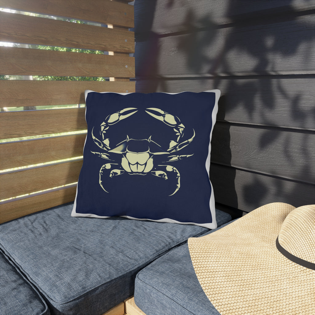 Navy Coastal Crab Outdoor Pillow — Nautical Beach Patio Cushion