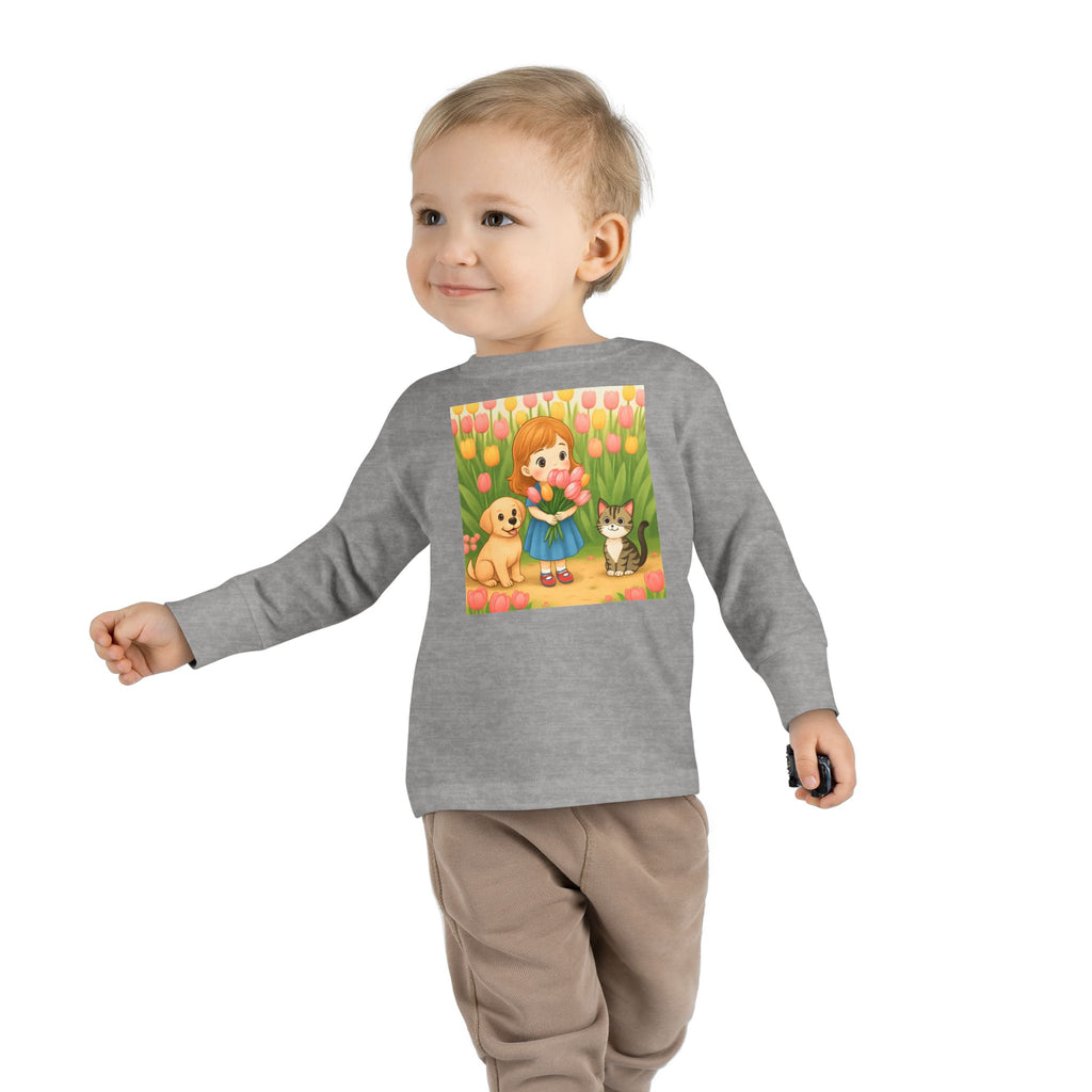 Toddler Long Sleeve Tee — Spring Cat and Dog Graphic