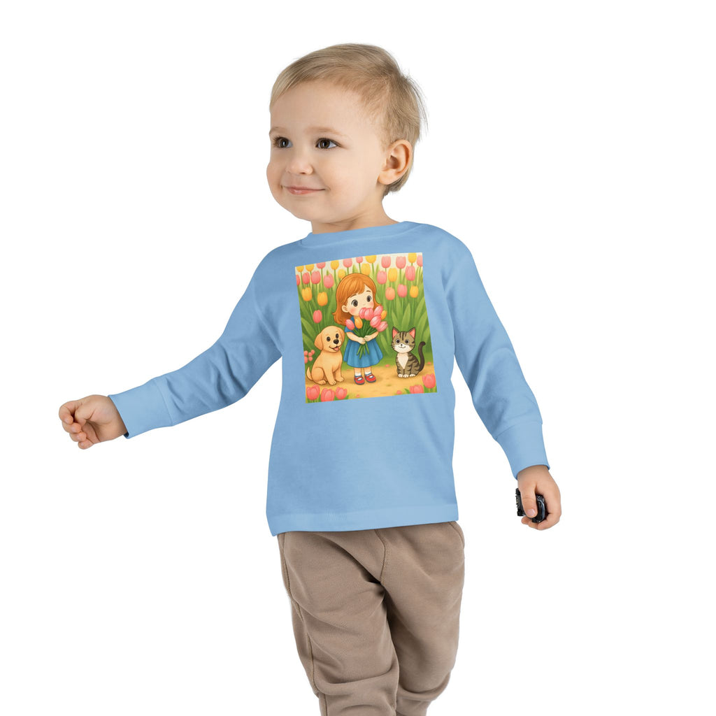 Toddler Long Sleeve Tee — Spring Cat and Dog Graphic