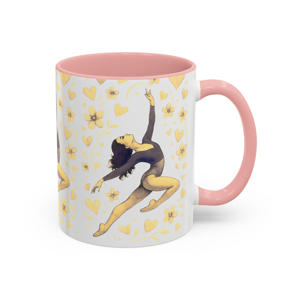 Ballet Dancer Accent Mug – Gold Hearts & Flowers Ceramic Coffee Cup (11/15oz)