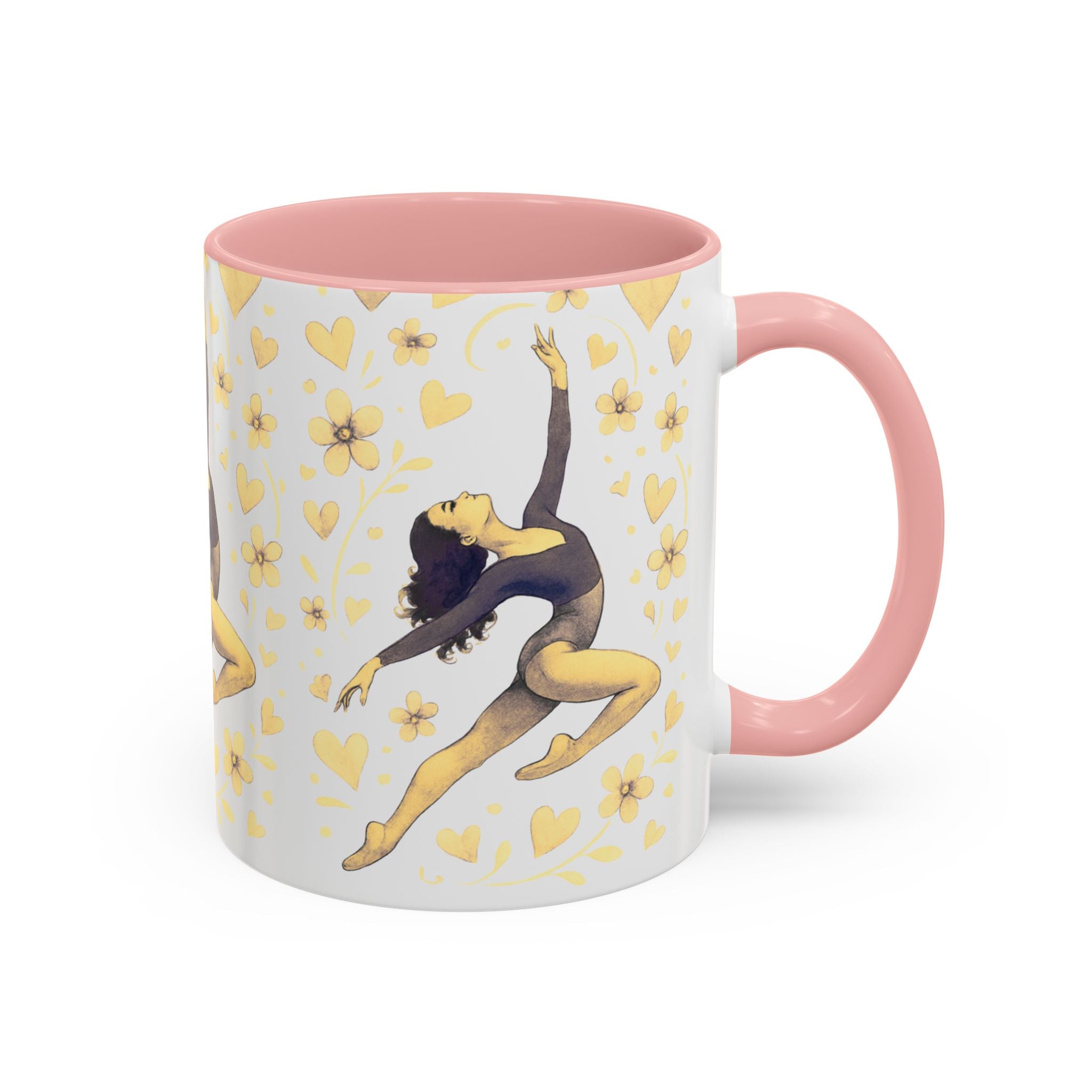Ballet Dancer Accent Mug – Gold Hearts & Flowers Ceramic Coffee Cup (11/15oz)