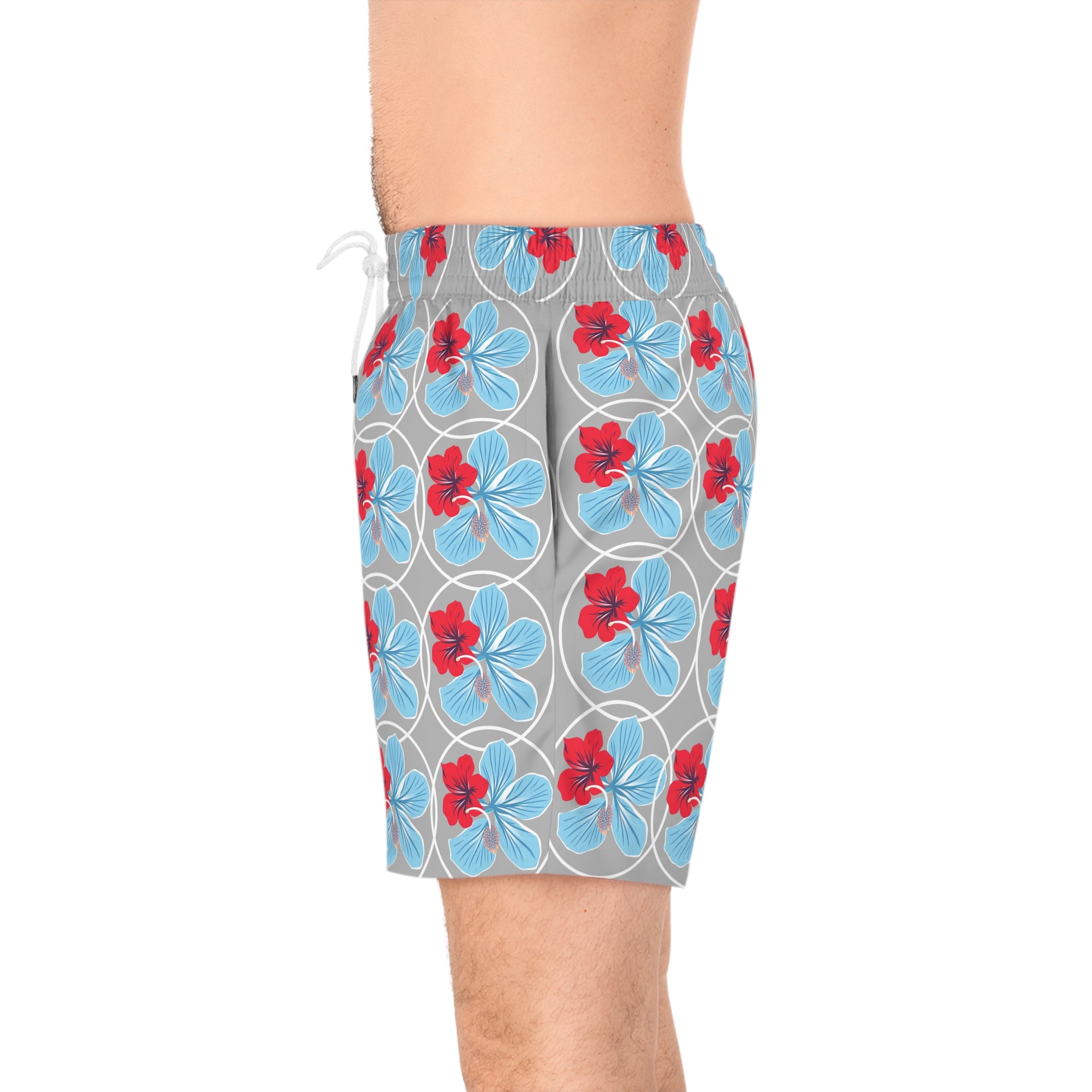 White / Azure Blue Tropical Hibiscus Swim Shorts — Men's Mid-Length Beach Trunks
