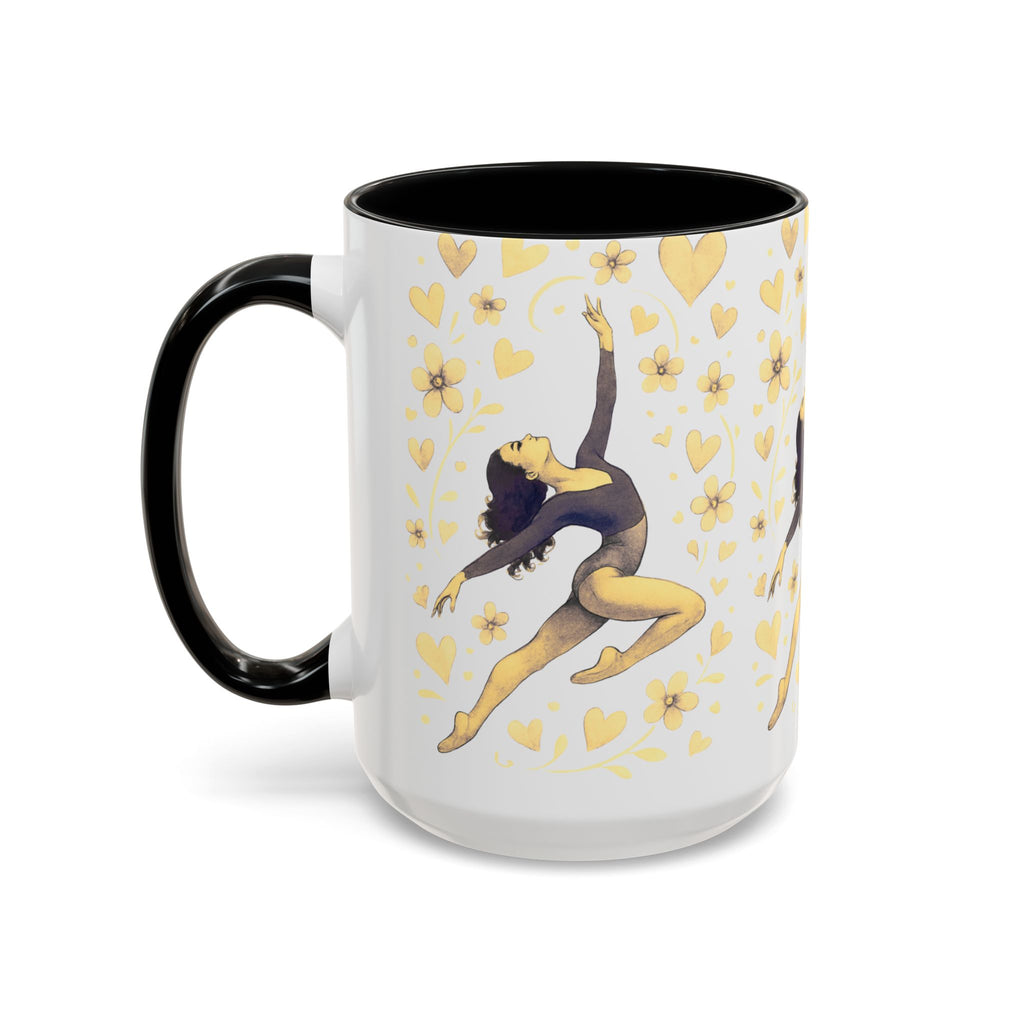 Ballet Dancer Accent Mug – Gold Hearts & Flowers Ceramic Coffee Cup (11/15oz)