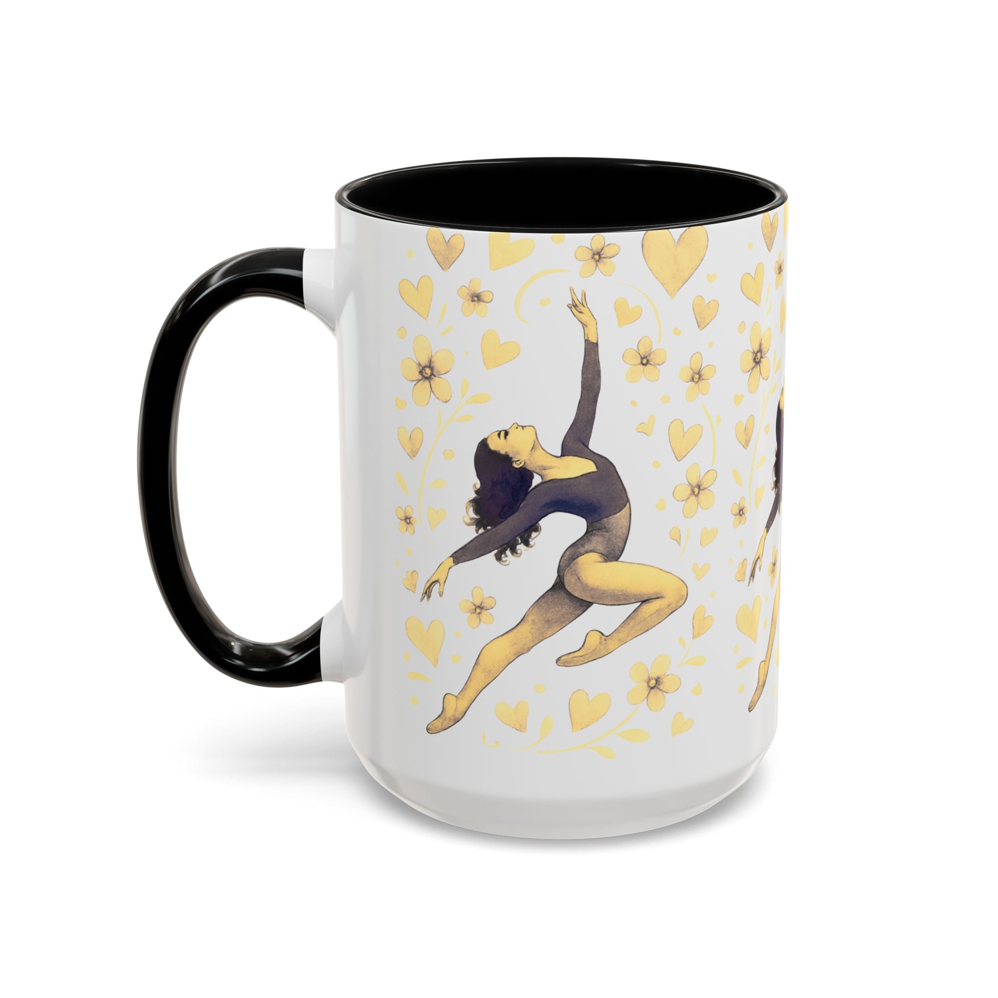 Ballet Dancer Accent Mug – Gold Hearts & Flowers Ceramic Coffee Cup (11/15oz)