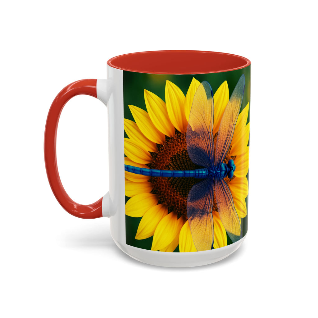 Sunflower & Dragonfly Accent Coffee Mug — Bright Floral Tea Cup (11/15oz)