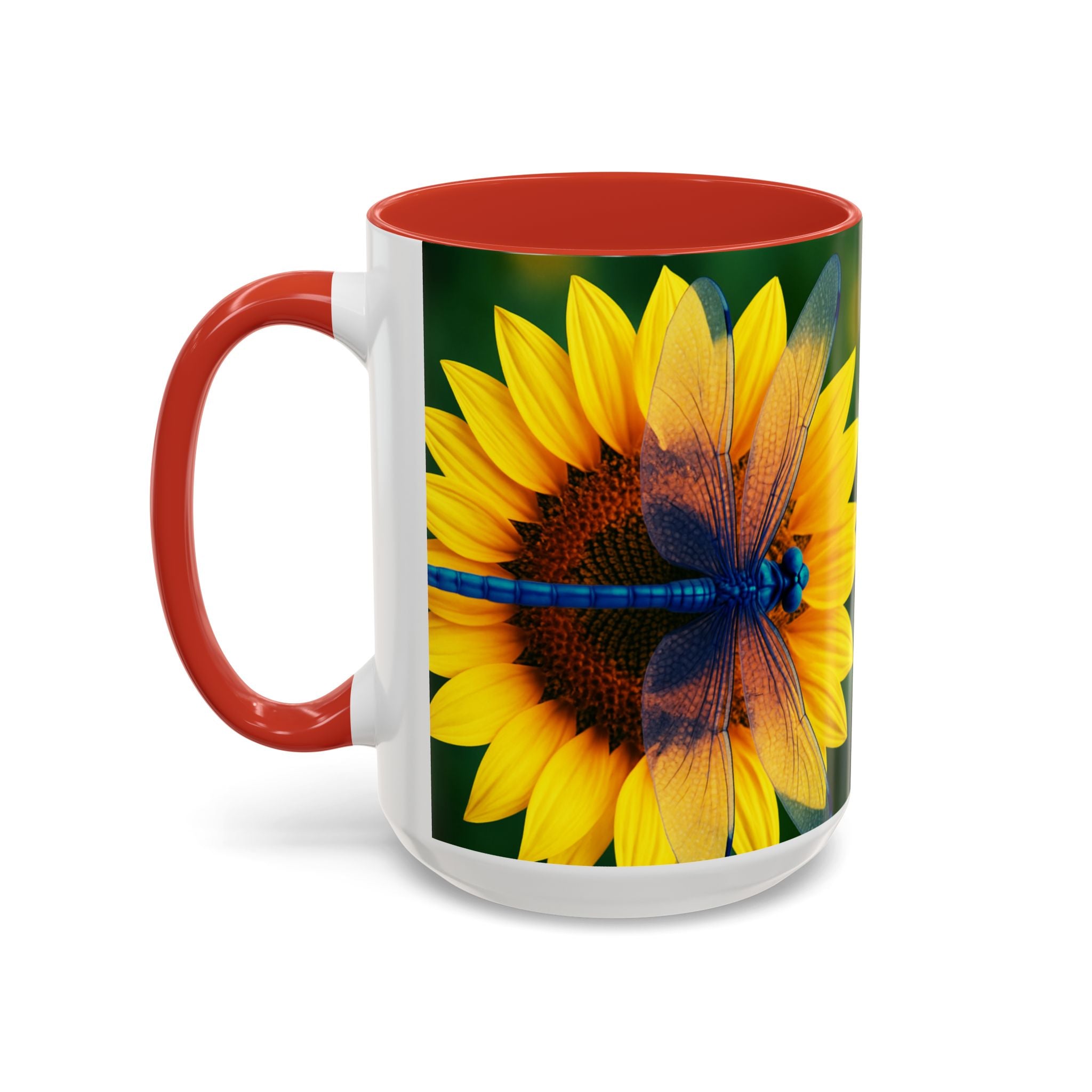 Sunflower & Dragonfly Accent Coffee Mug — Bright Floral Tea Cup (11/15oz)